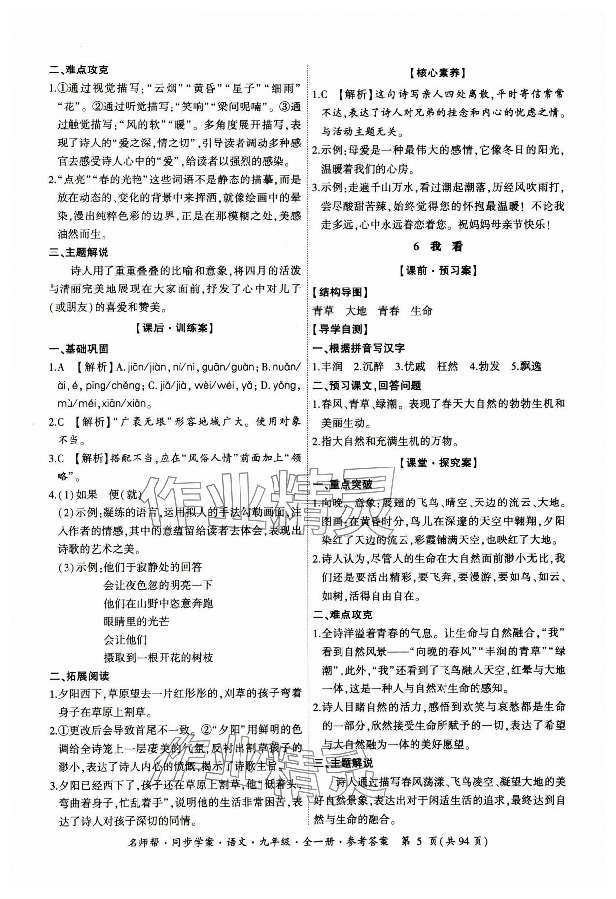 2023年名師幫同步學(xué)案九年級語文全一冊人教版 參考答案第5頁