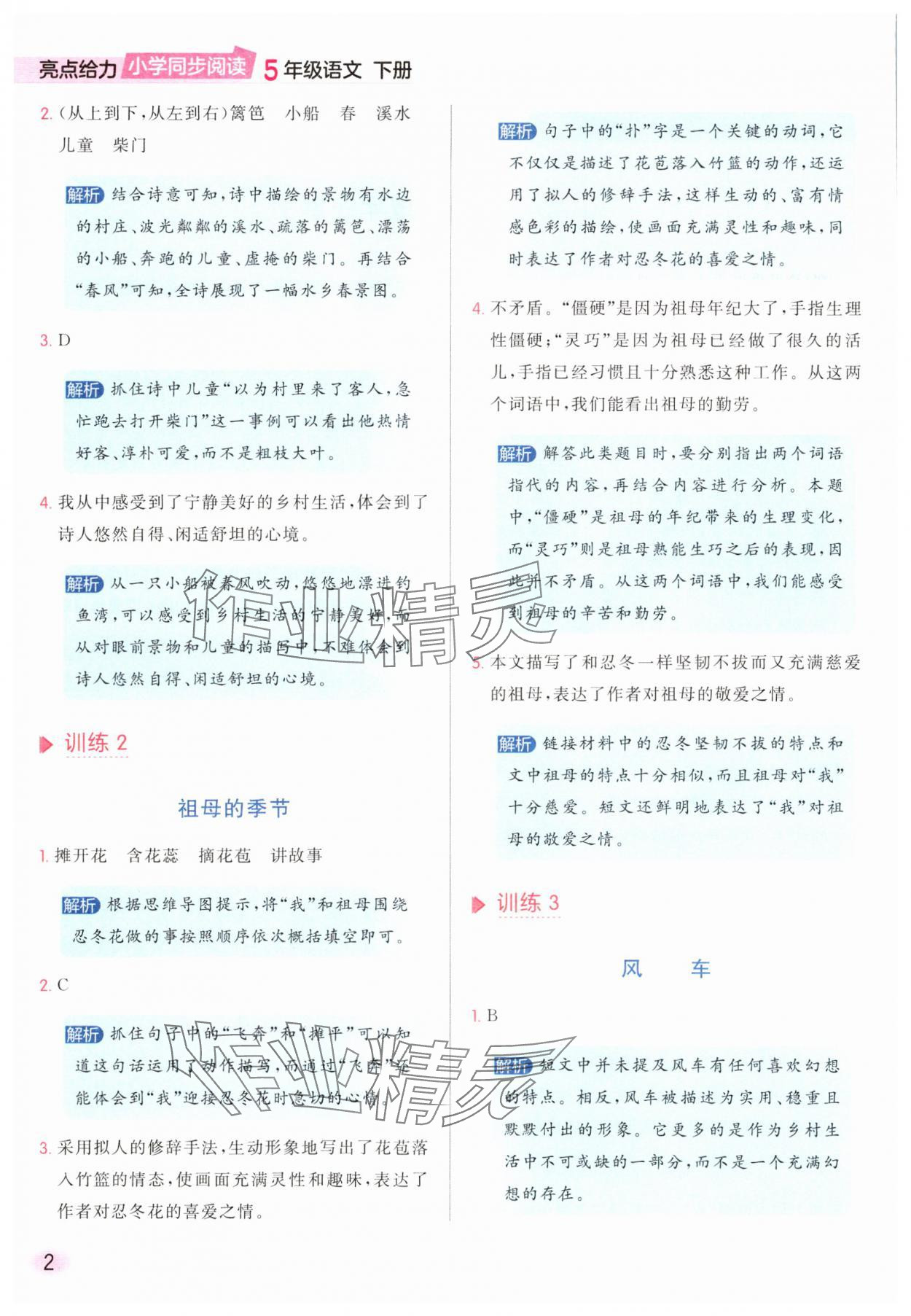 2025年亮點給力同步閱讀五年級語文下冊人教版 參考答案第2頁