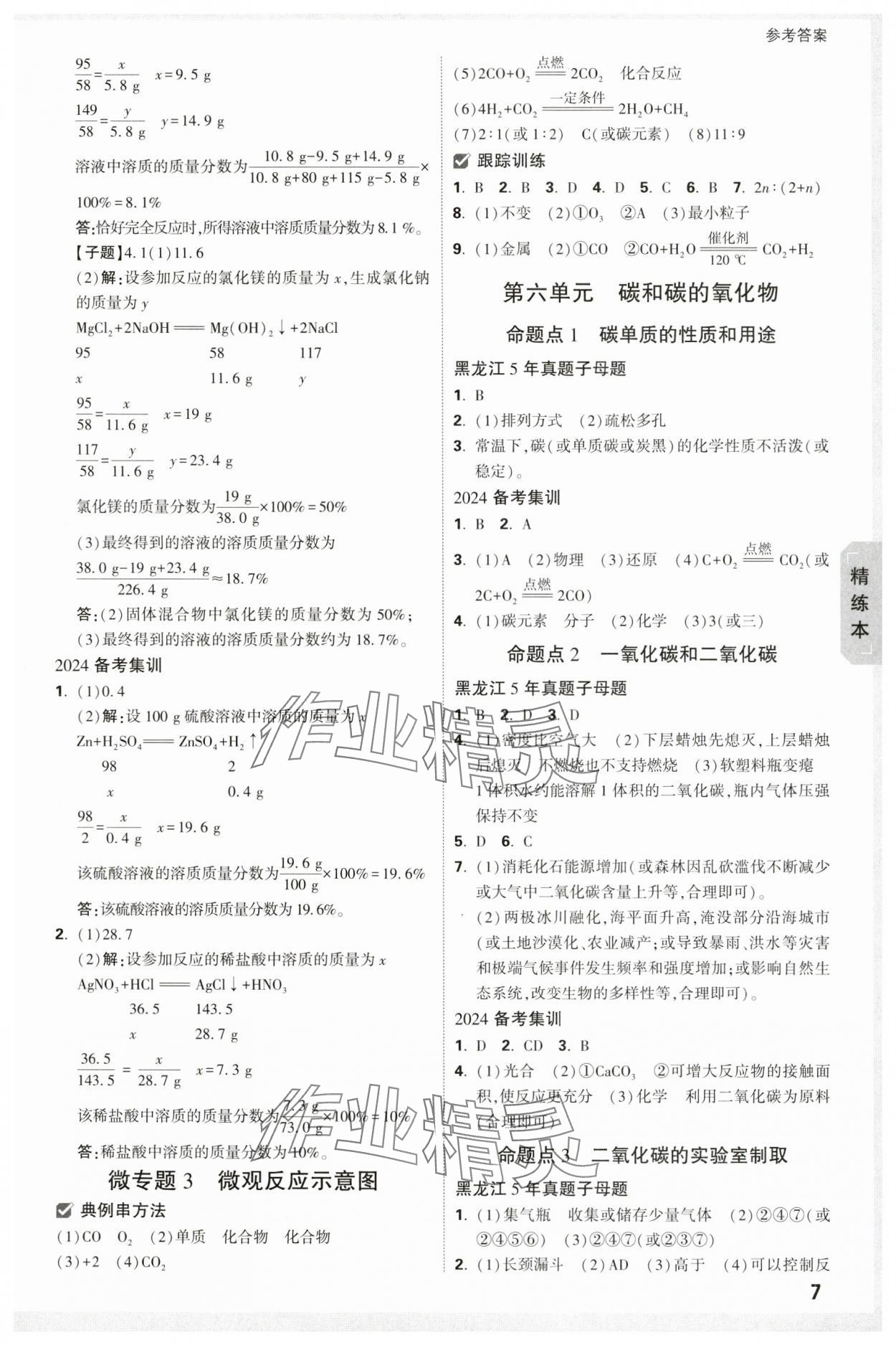 2024年万唯中考试题研究化学黑龙江专版 参考答案第7页