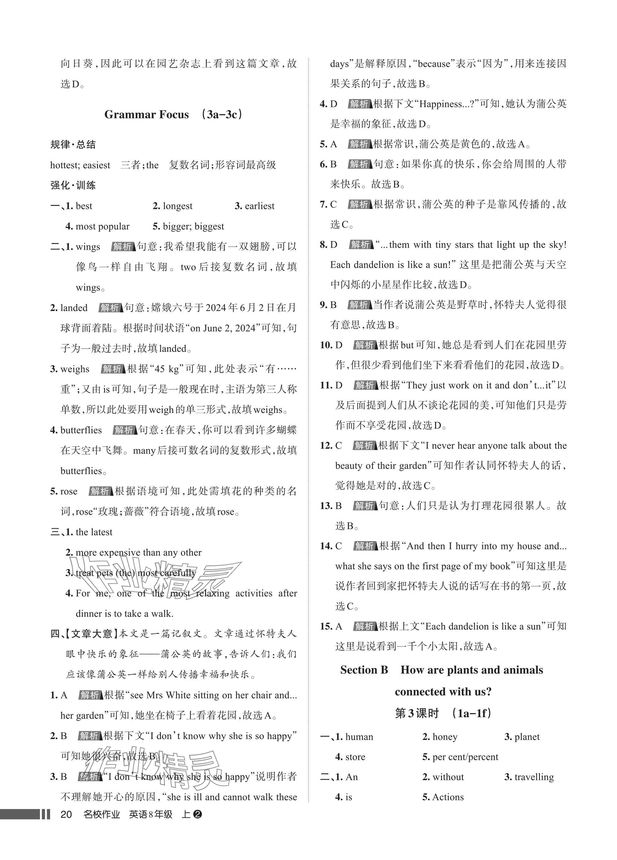 2025年名校作业八年级英语上册人教版湖北专版 参考答案第20页