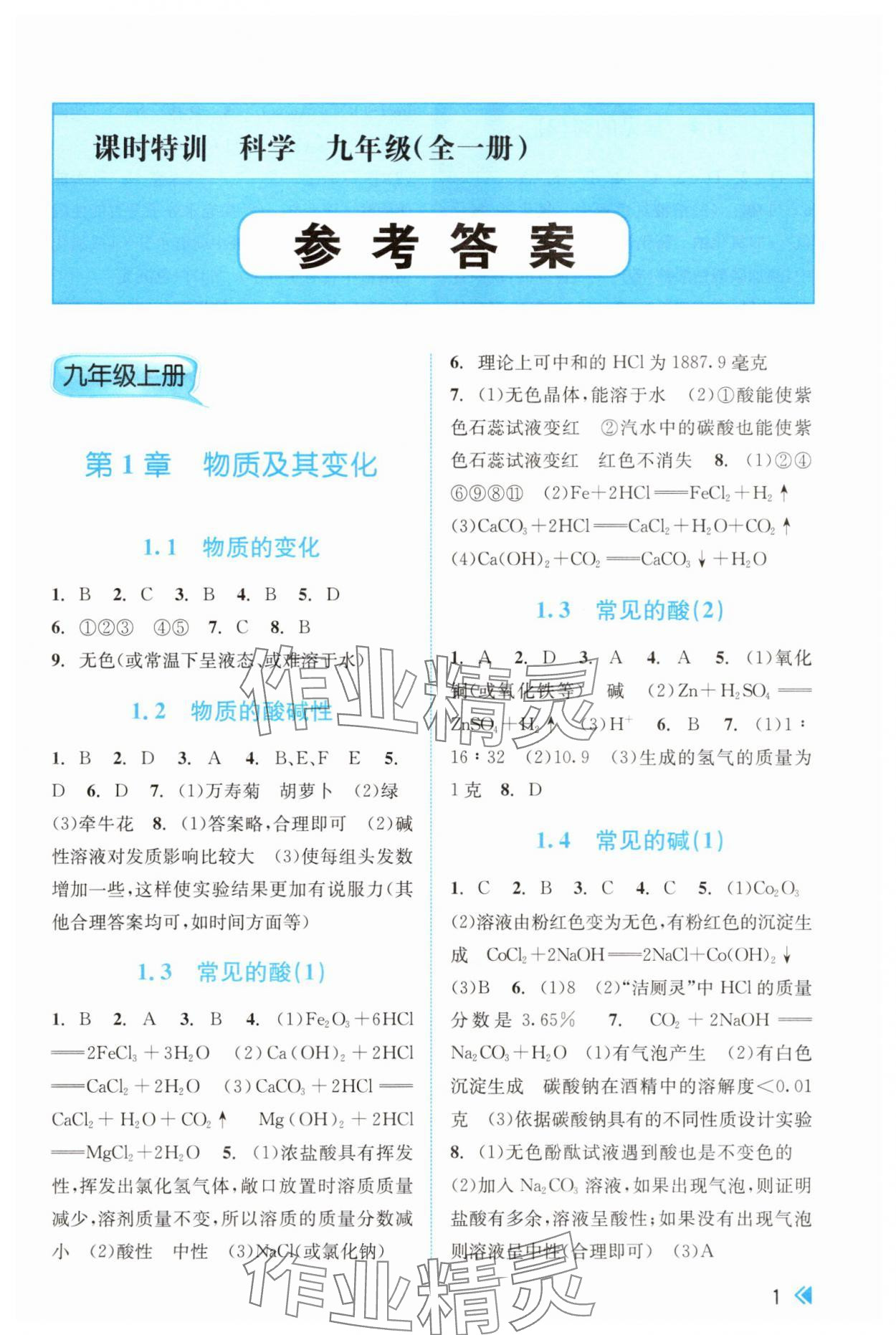 2025年课时特训九年级科学全一册浙教版 第1页