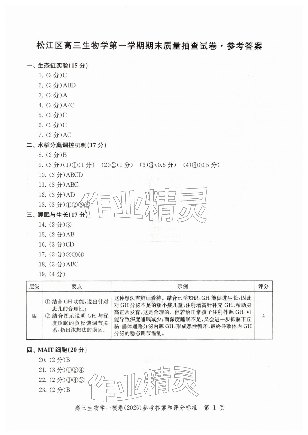 2026年领先一步上海市各区高考一模卷精编高中生物&nbsp;参考答案第1页