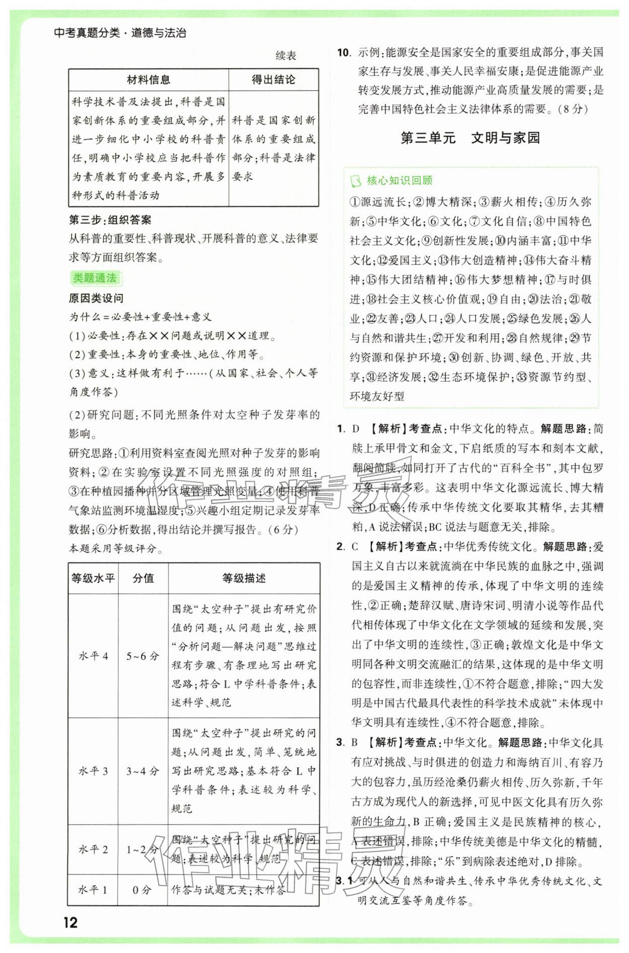 2026年万唯中考真题分类中考道德与法治&nbsp;参考答案第12页