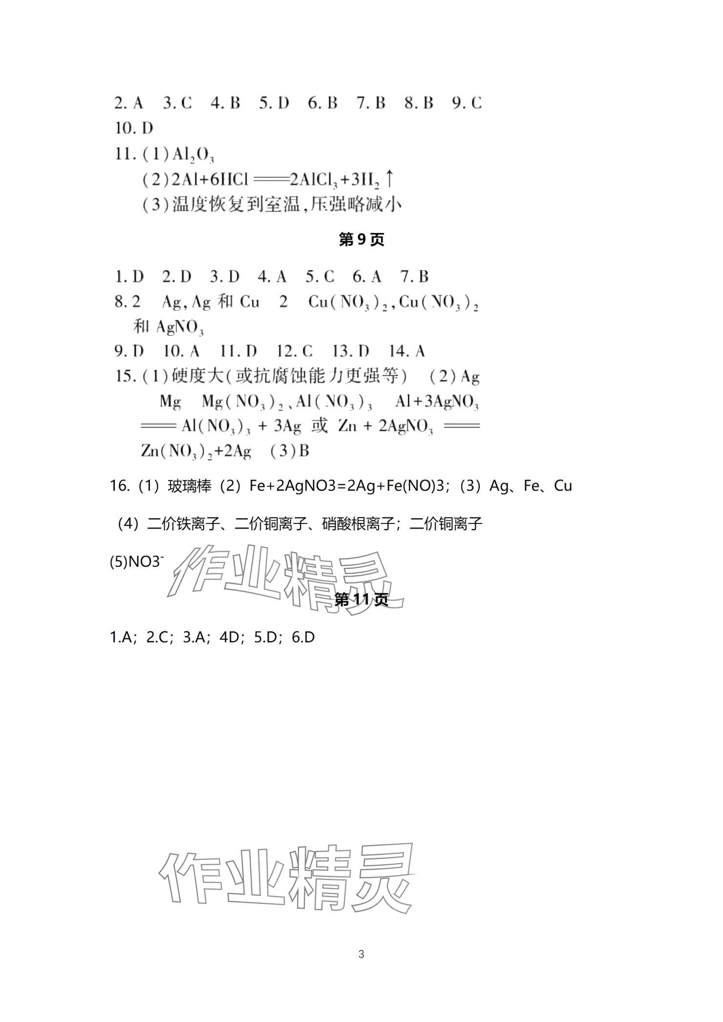 2025年贏在中考西南大學出版社化學下冊人教版重慶專版 參考答案第3頁