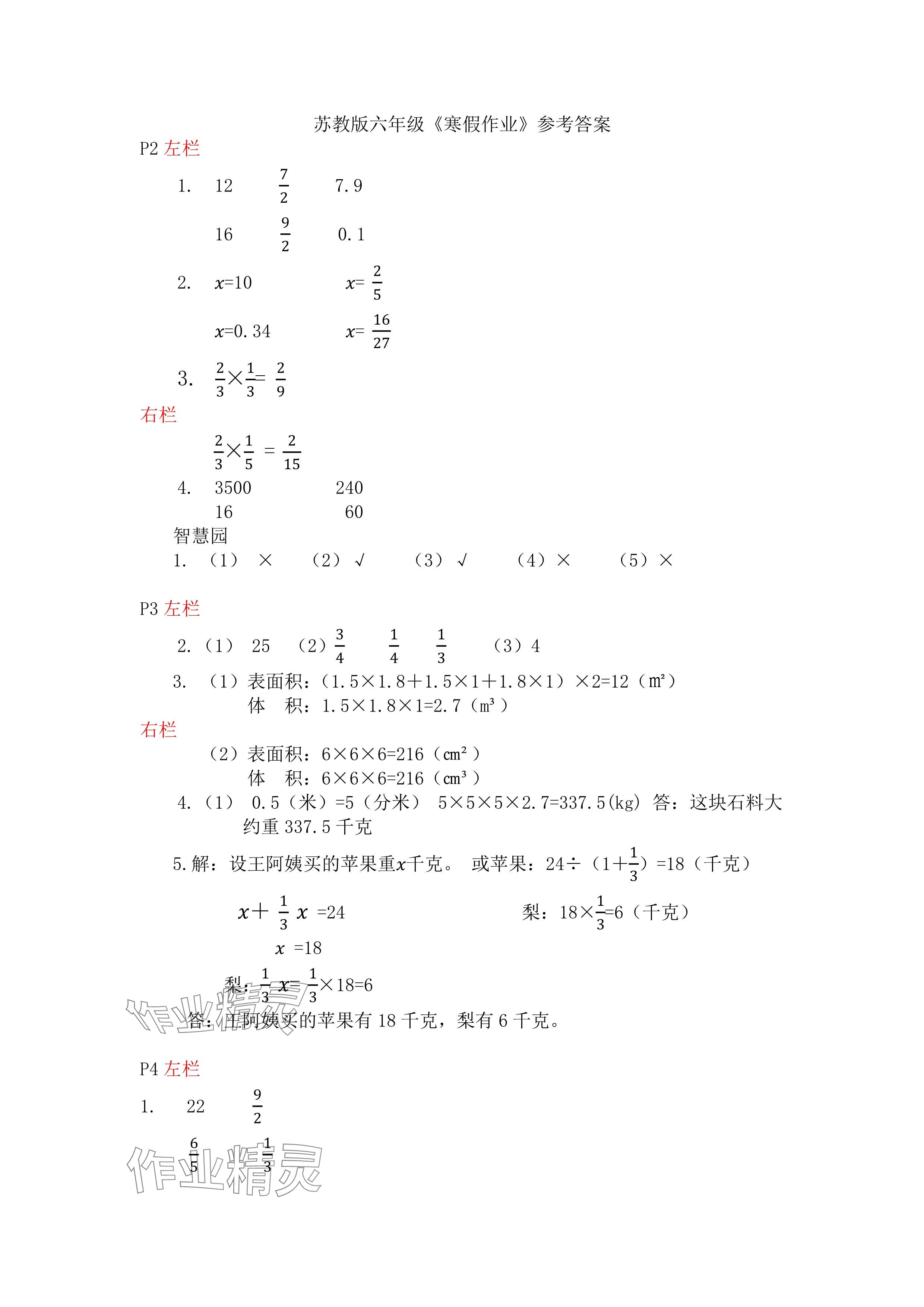 2025年寒假作业六年级数学苏教版安徽少年儿童出版社 参考答案第1页