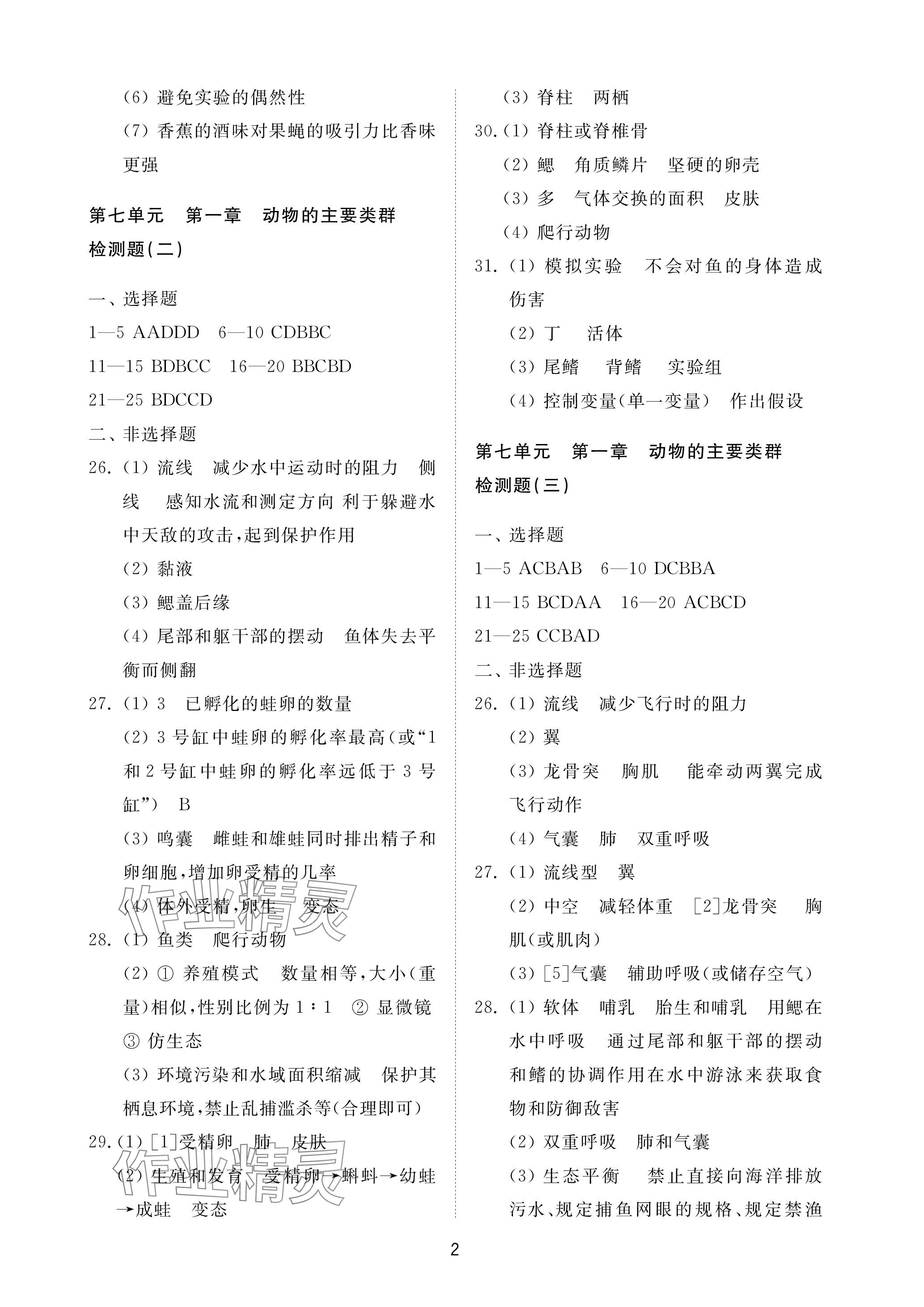 2023年同步練習冊配套檢測卷八年級生物上冊魯科版 參考答案第2頁