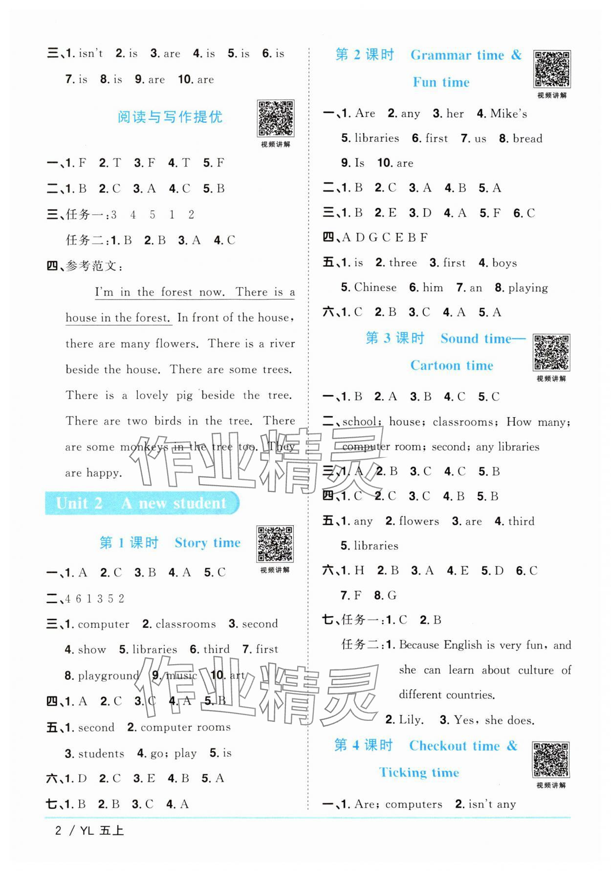 2024年阳光同学课时优化作业五年级英语上册译林版江苏专版 参考答案第2页