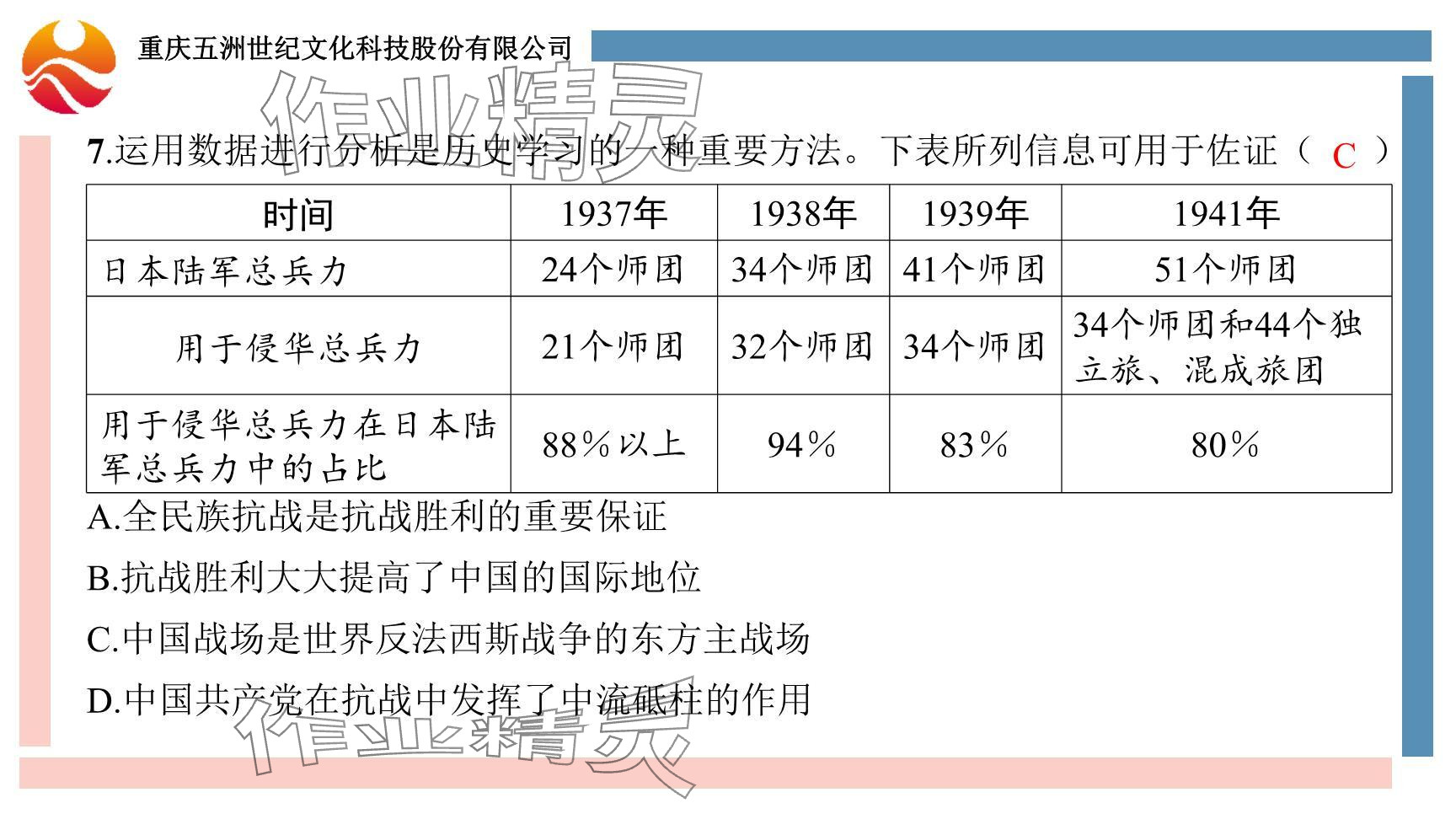 2024年重庆市中考试题分析与复习指导历史 参考答案第8页