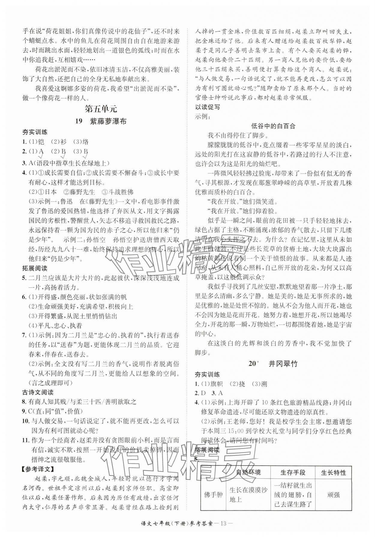 2025年名師金典BFB初中課時優(yōu)化七年級語文下冊人教版 參考答案第13頁