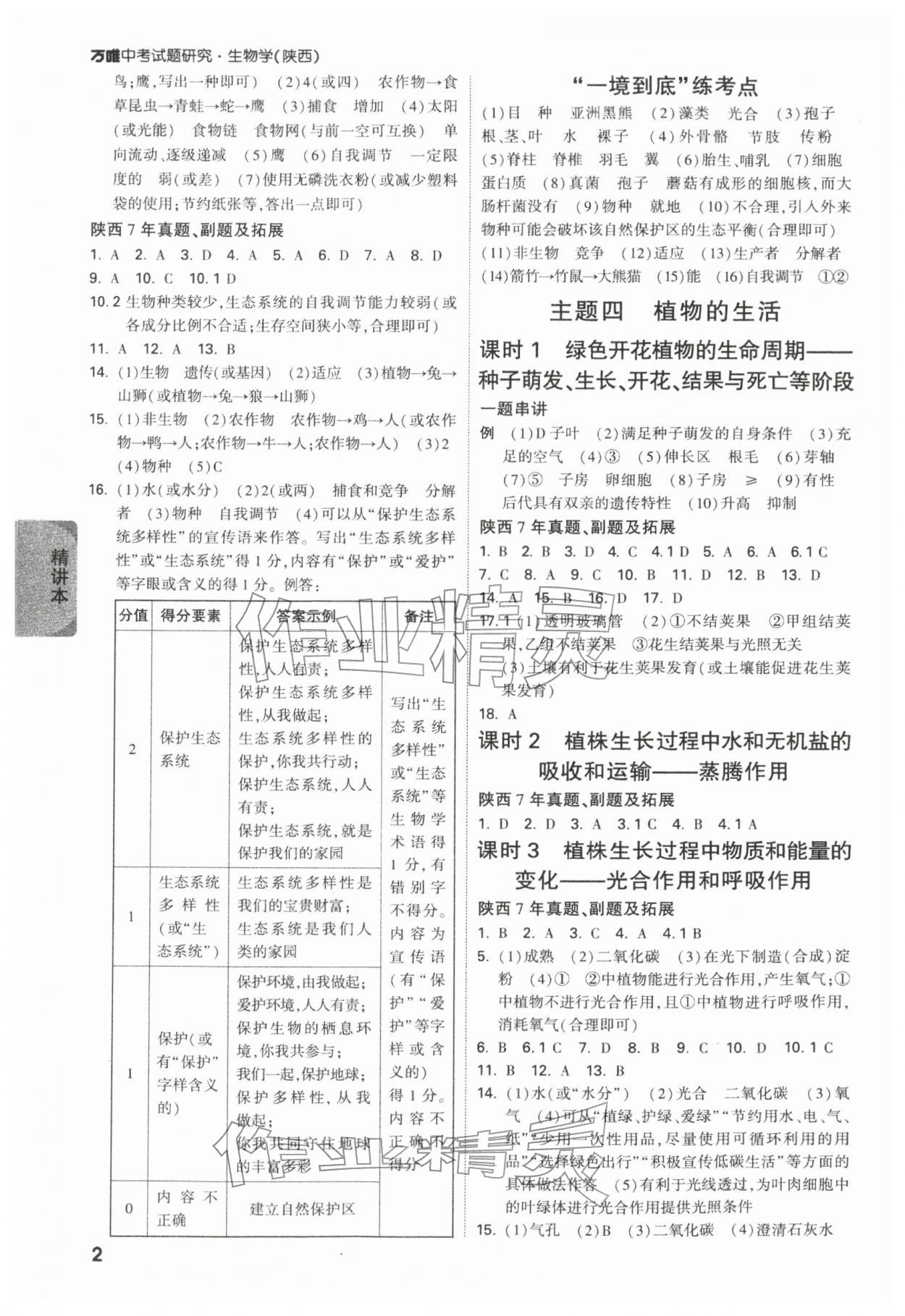 2026年万唯中考试题研究生物陕西专版&nbsp;参考答案第6页