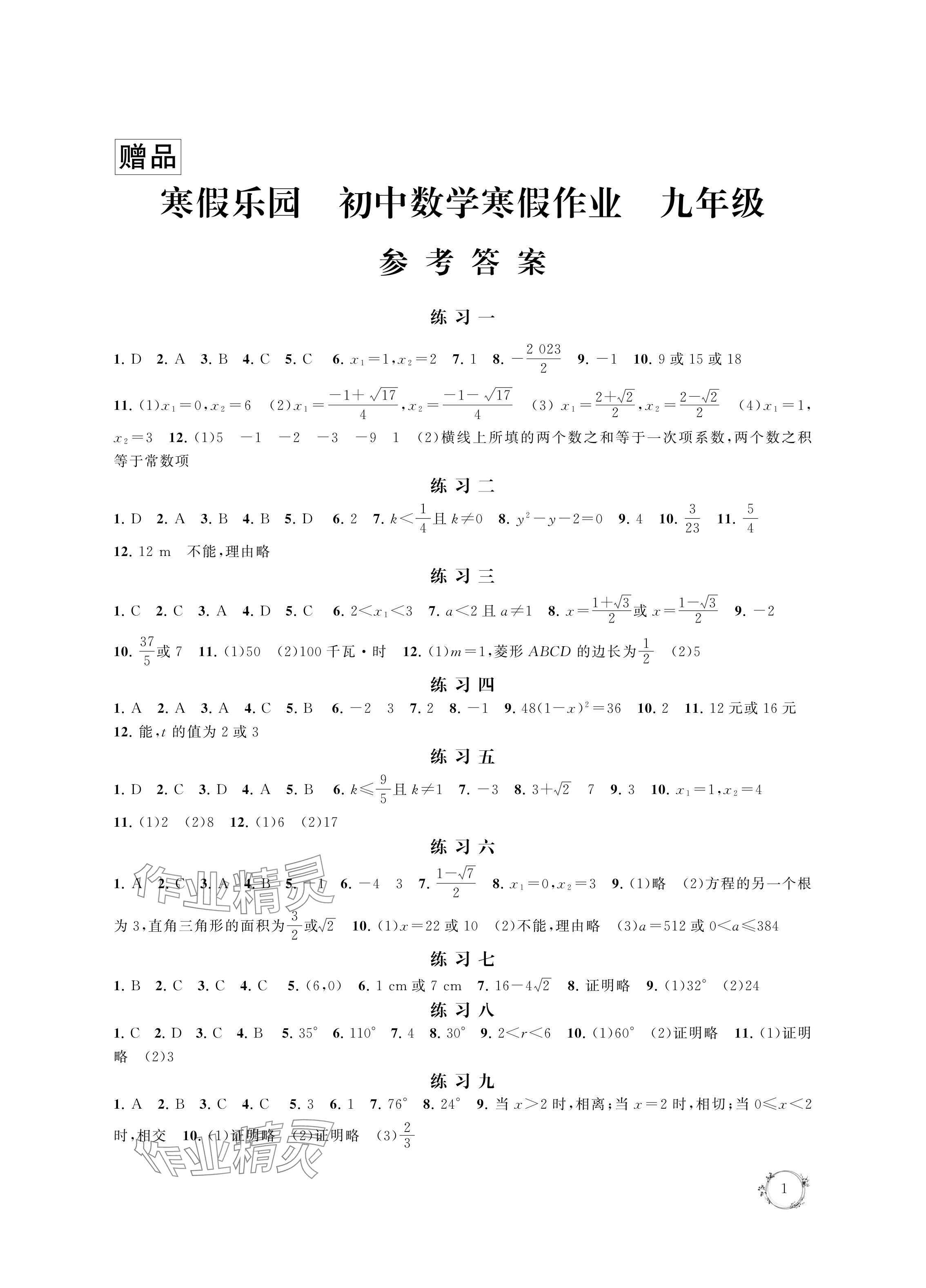 2024年寒假樂園寒假作業(yè)本九年級(jí)數(shù)學(xué) 參考答案第1頁(yè)