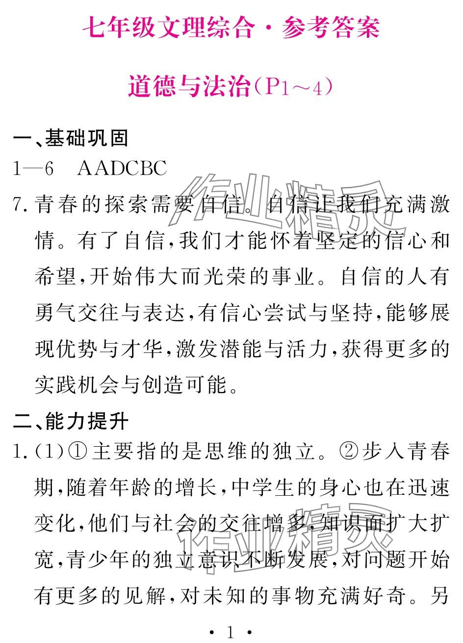 2024年天舟文化精彩暑假團(tuán)結(jié)出版社七年級(jí)綜合 參考答案第1頁(yè)