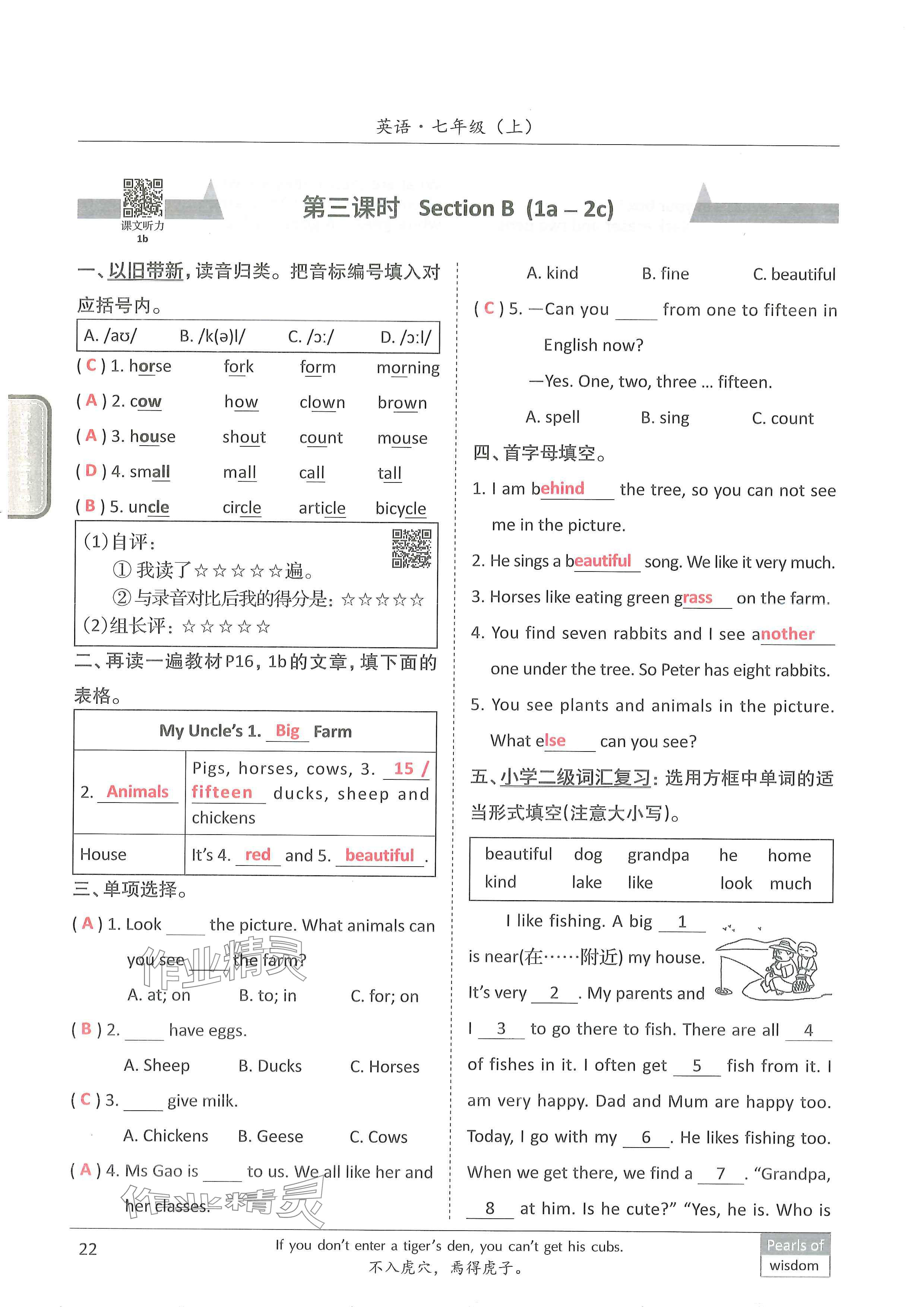 2024年新视界单元复习七年级英语上册人教版&nbsp;参考答案第21页