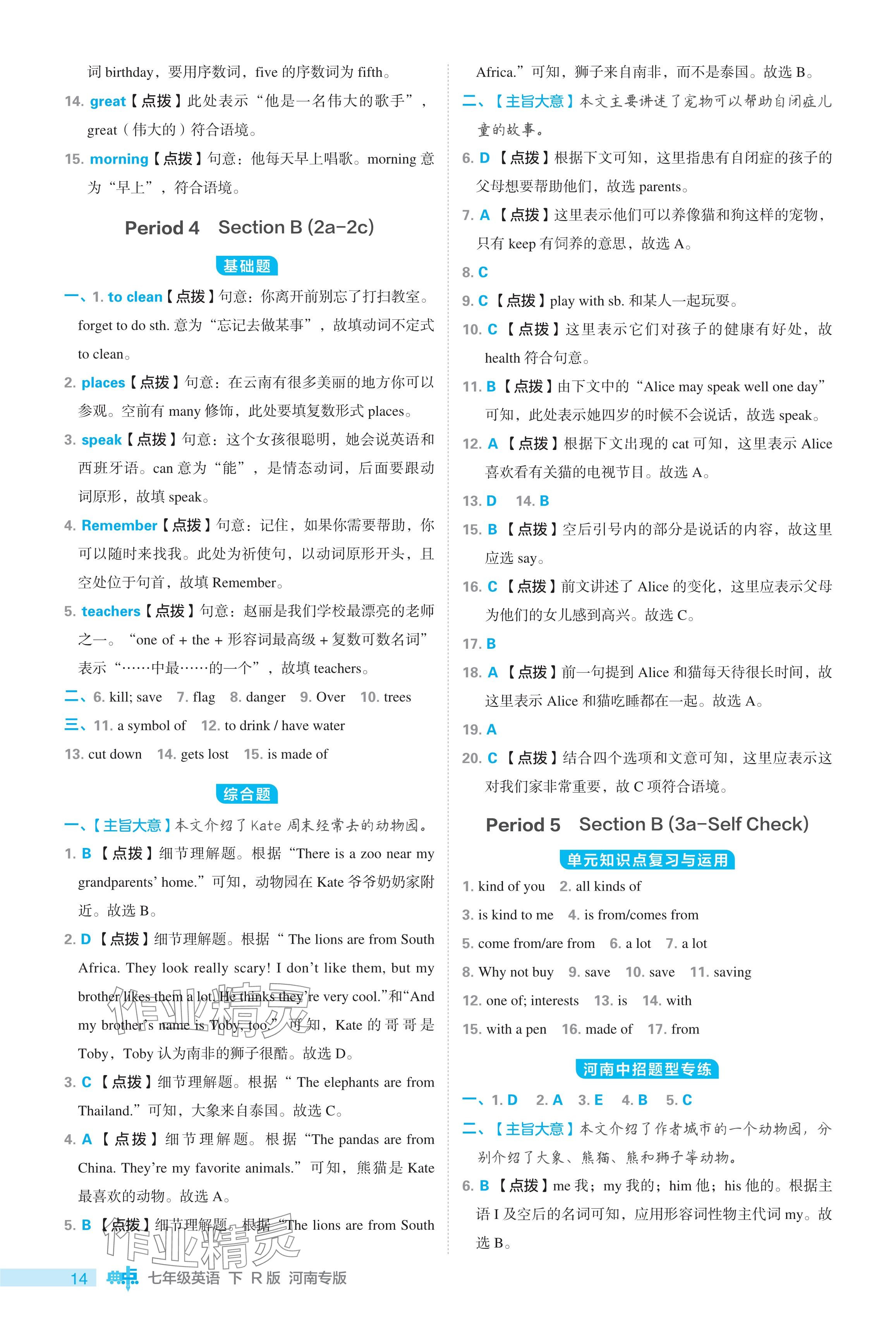 2024年综合应用创新题典中点七年级英语下册人教版河南专用 参考答案第14页