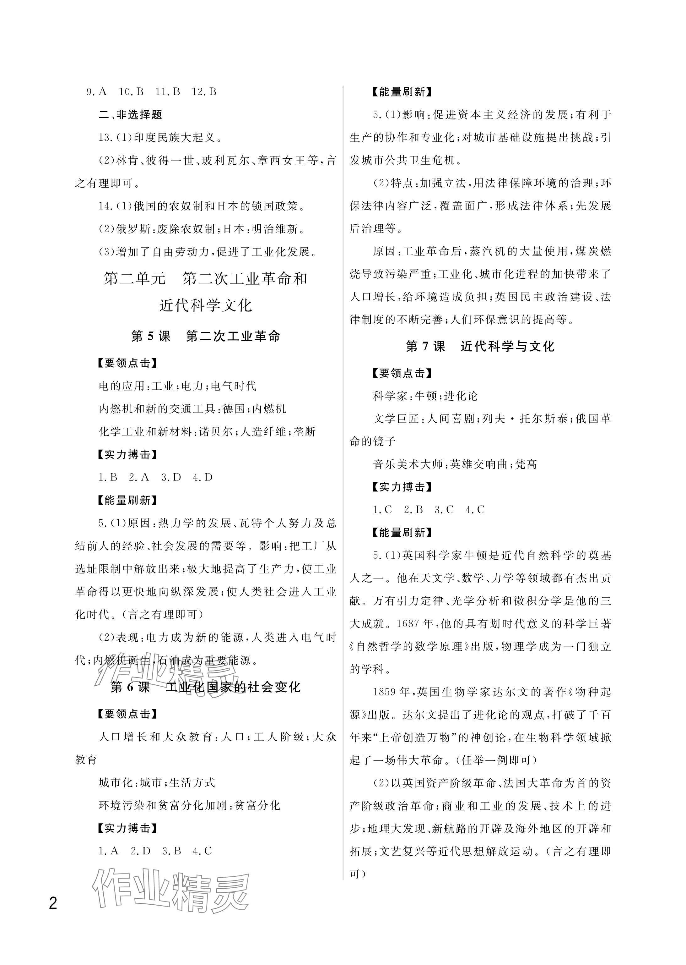 2025年课堂作业武汉出版社九年级历史下册人教版 参考答案第2页