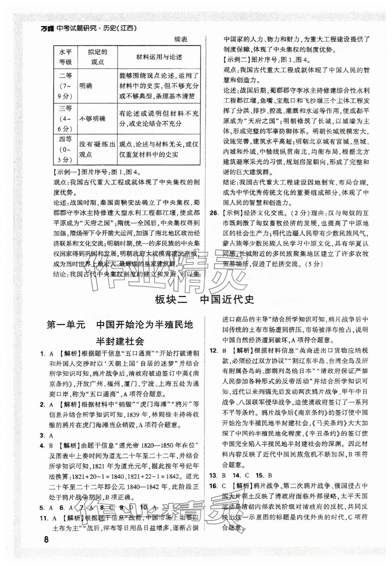 2024年萬唯中考試題研究歷史江西專版 參考答案第8頁