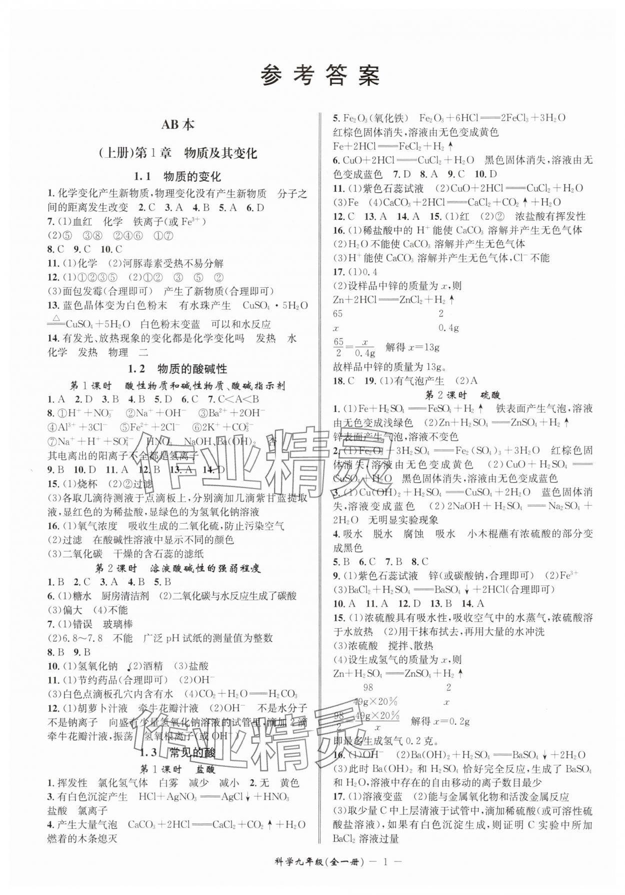2025年名師金典九年級(jí)科學(xué)全一冊(cè)浙教版 參考答案第1頁