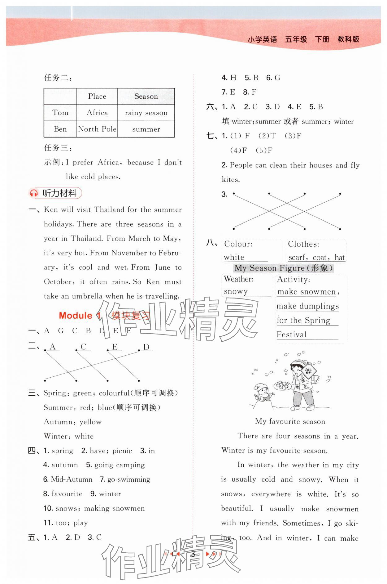 2024年53天天练五年级英语下册教科版广州专版 参考答案第3页