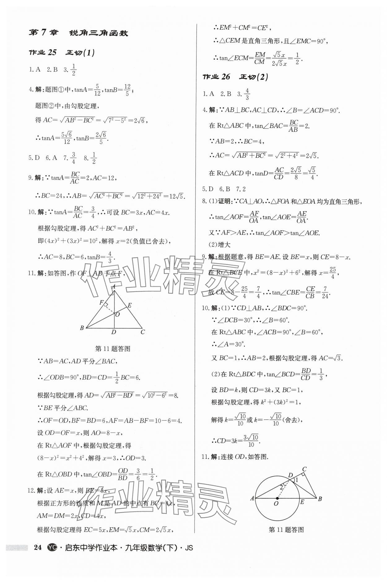 2024年启东中学作业本九年级数学下册苏科版盐城专版 参考答案第24页