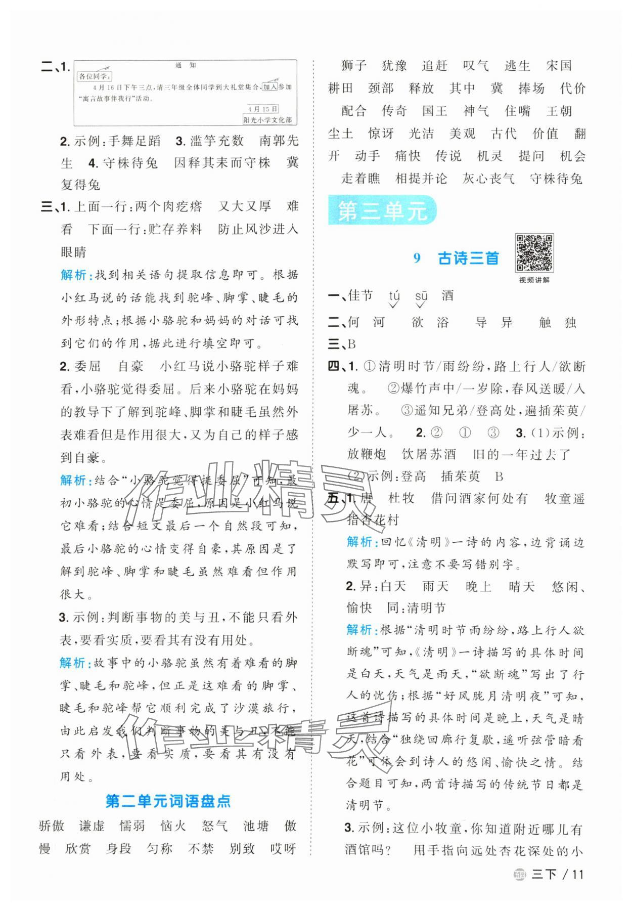 2024年阳光同学课时优化作业三年级语文下册人教版五四制 参考答案第11页