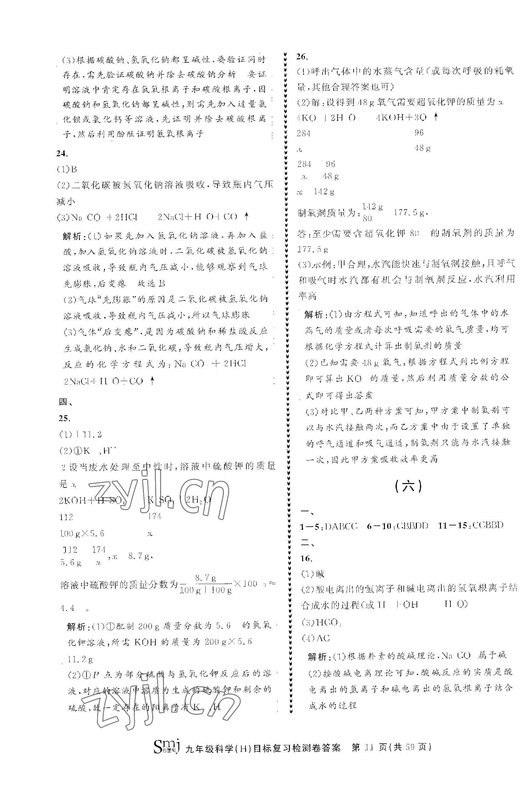 2023年目標(biāo)復(fù)習(xí)檢測卷九年級科學(xué)全一冊華師大版 參考答案第11頁