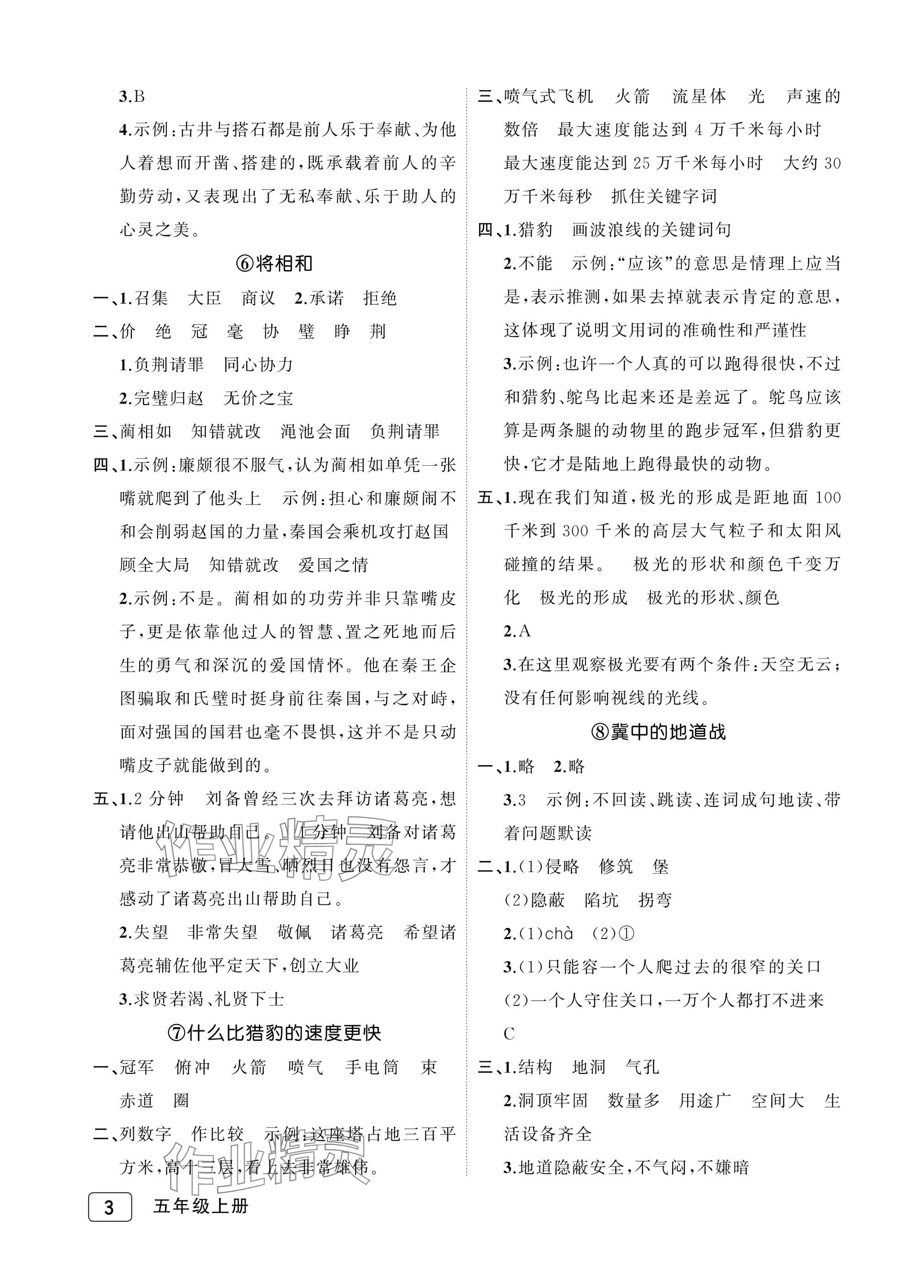 2025年名師面對面先學后練五年級語文上冊人教版評議教輔 參考答案第3頁