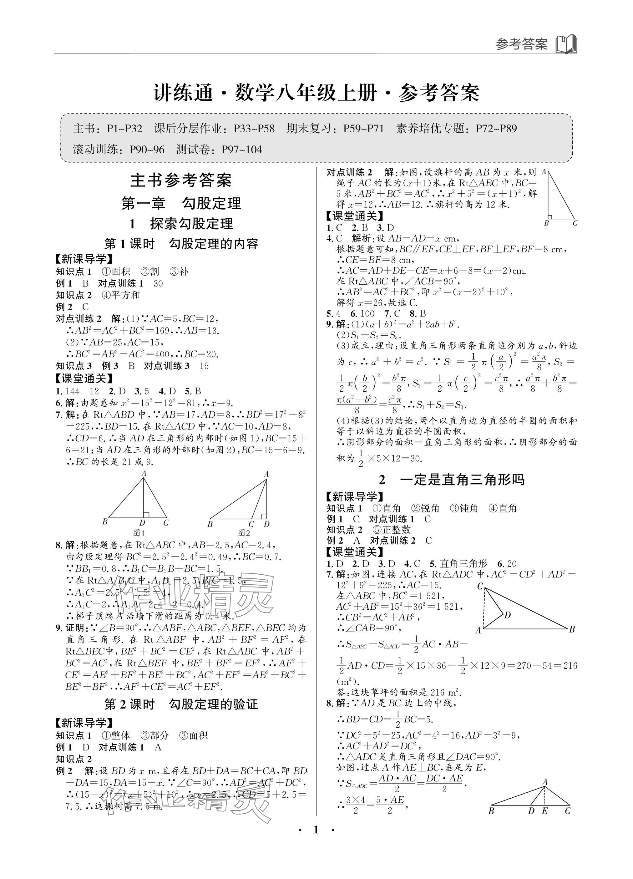 2025年广东名师讲练通八年级数学上册北师大版深圳专版 参考答案第1页