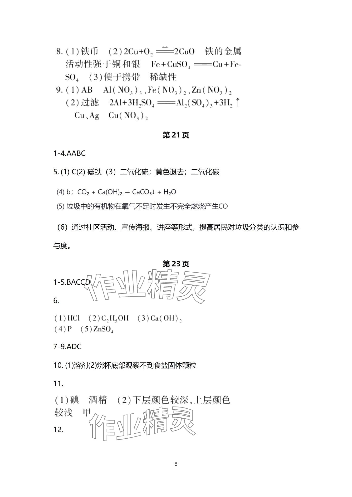 2025年贏在中考西南大學出版社化學下冊人教版重慶專版 參考答案第8頁