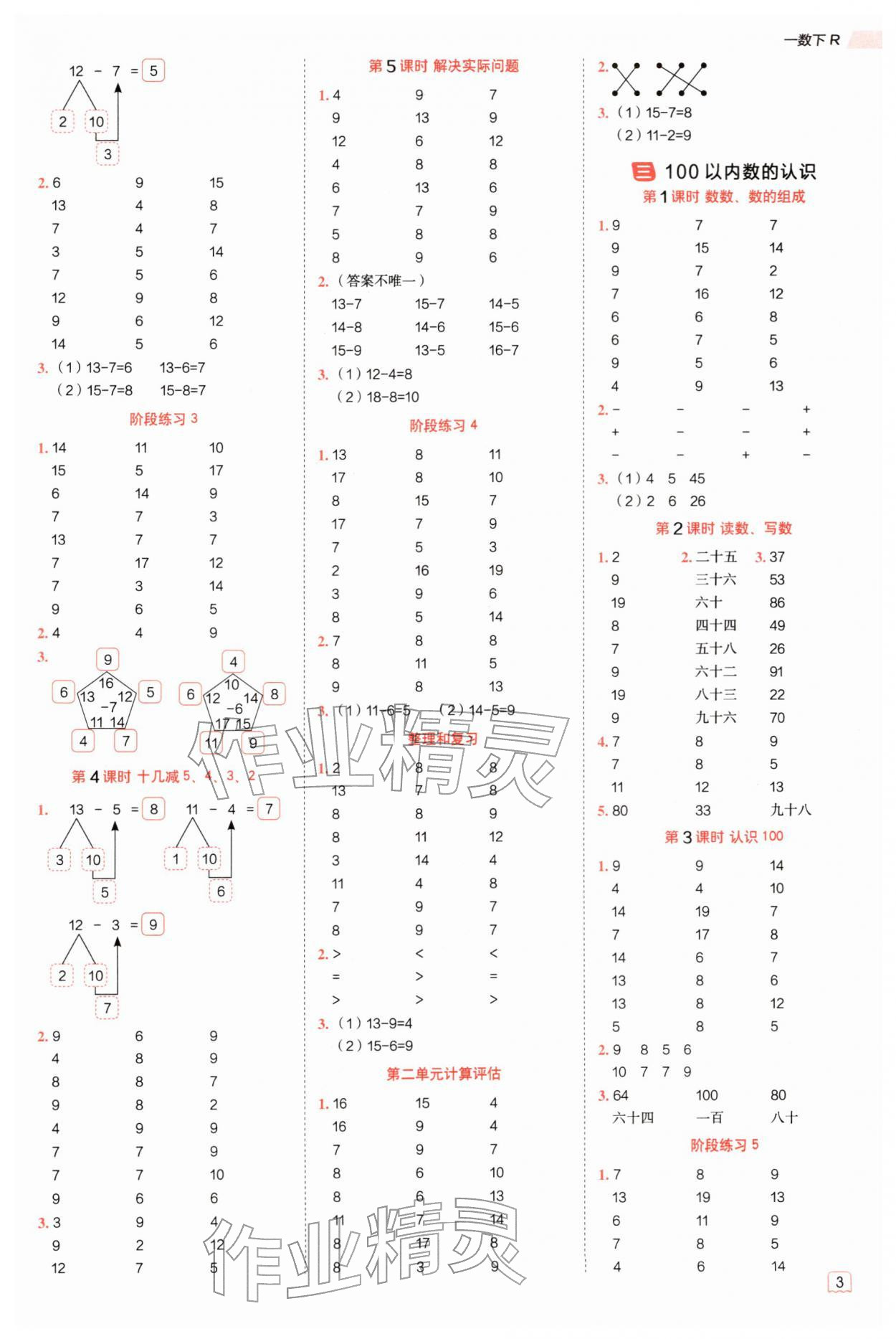2026年星级口算天天练一年级数学下册人教版&nbsp;参考答案第2页