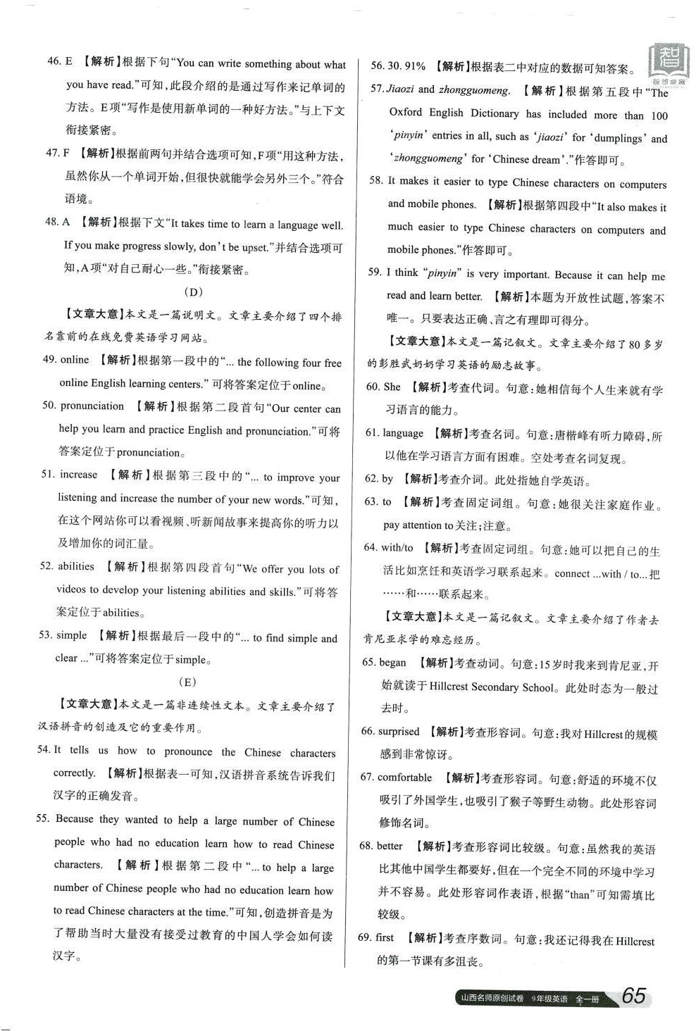 2024年山西名師原創(chuàng)試卷九年級(jí)英語全一冊(cè)人教版 參考答案第2頁