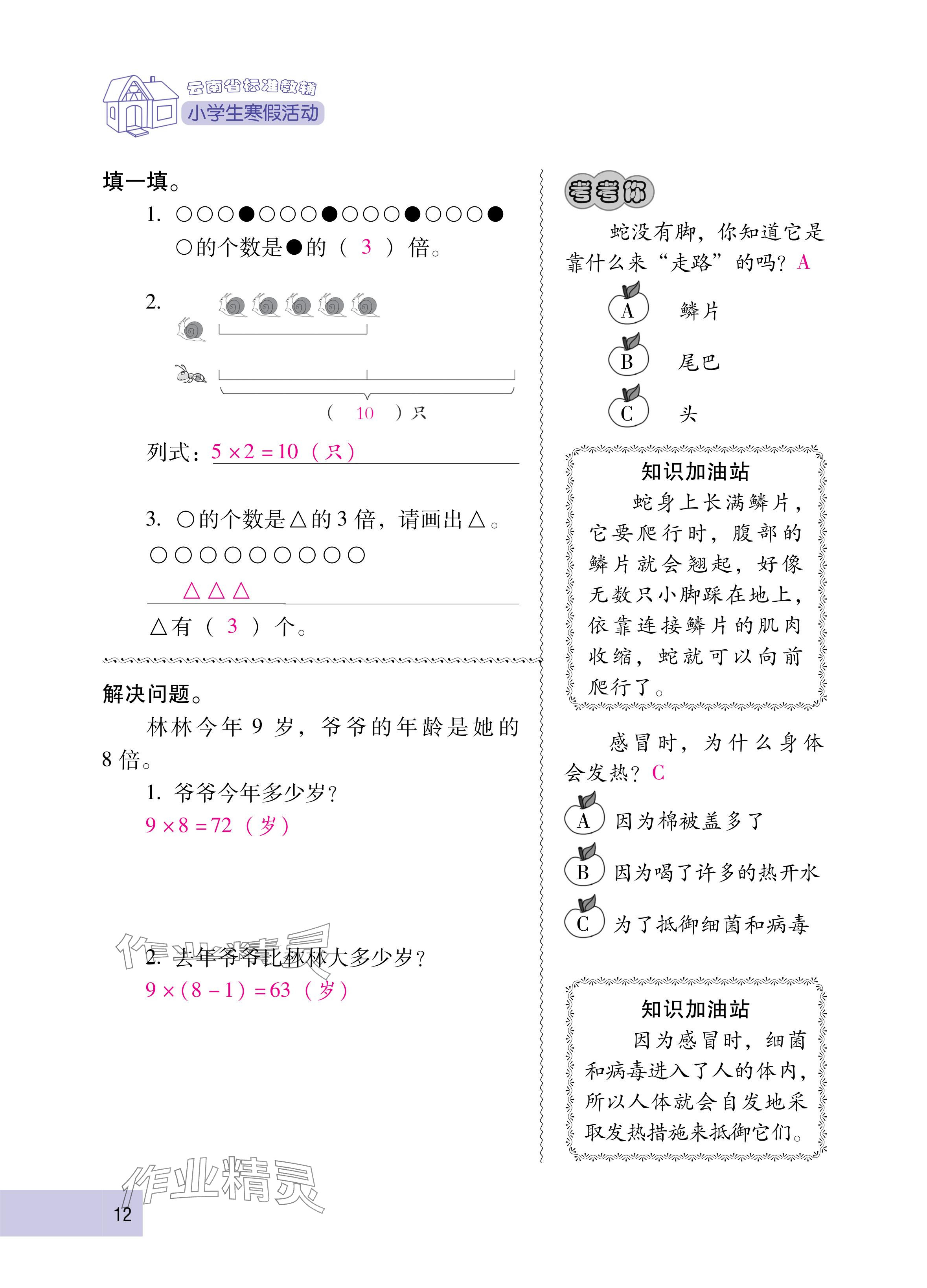 2025年云南省标准教辅寒假活动三年级数学人教版&nbsp;参考答案第12页