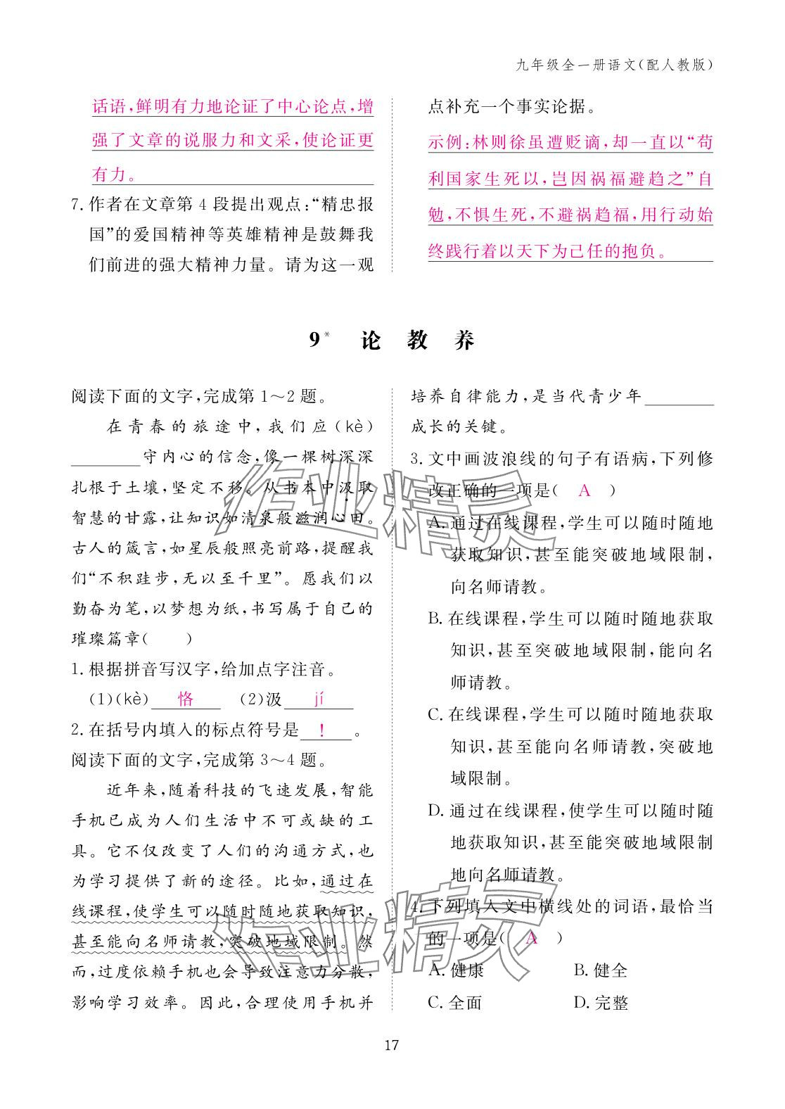 2025年作业本江西教育出版社九年级语文全一册人教版 参考答案第17页