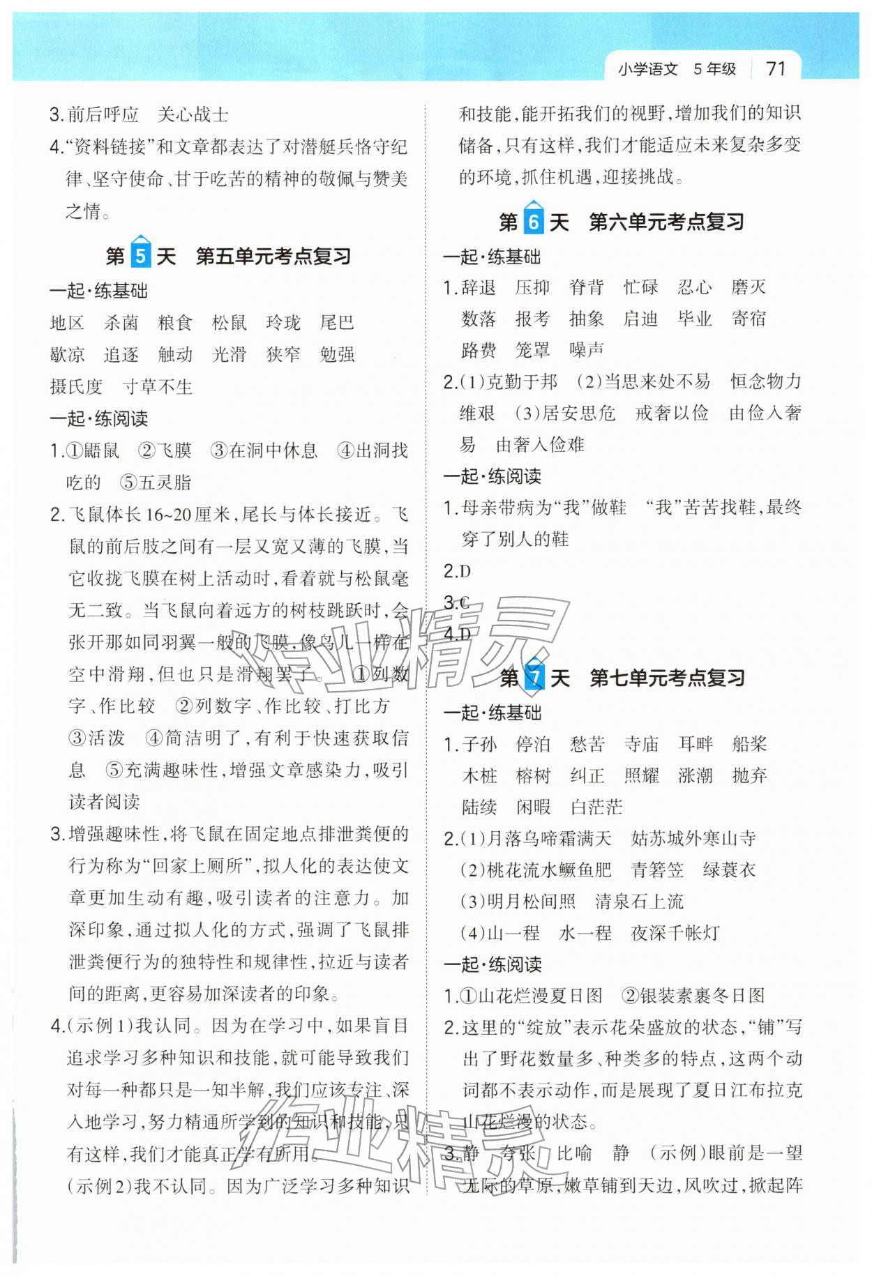 2026年一本一起写寒假作业五年级语文人教版福建专版&nbsp;参考答案第2页