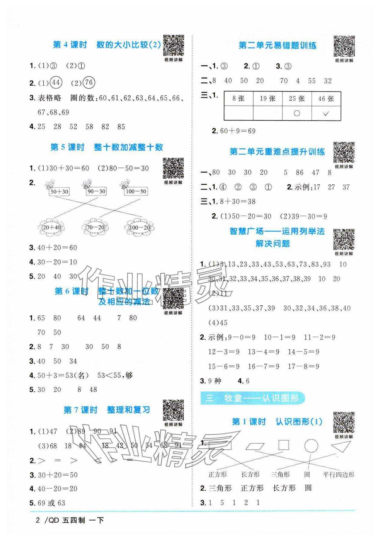 2024年陽光同學課時優(yōu)化作業(yè)一年級數(shù)學下冊青島版五四制 參考答案第2頁