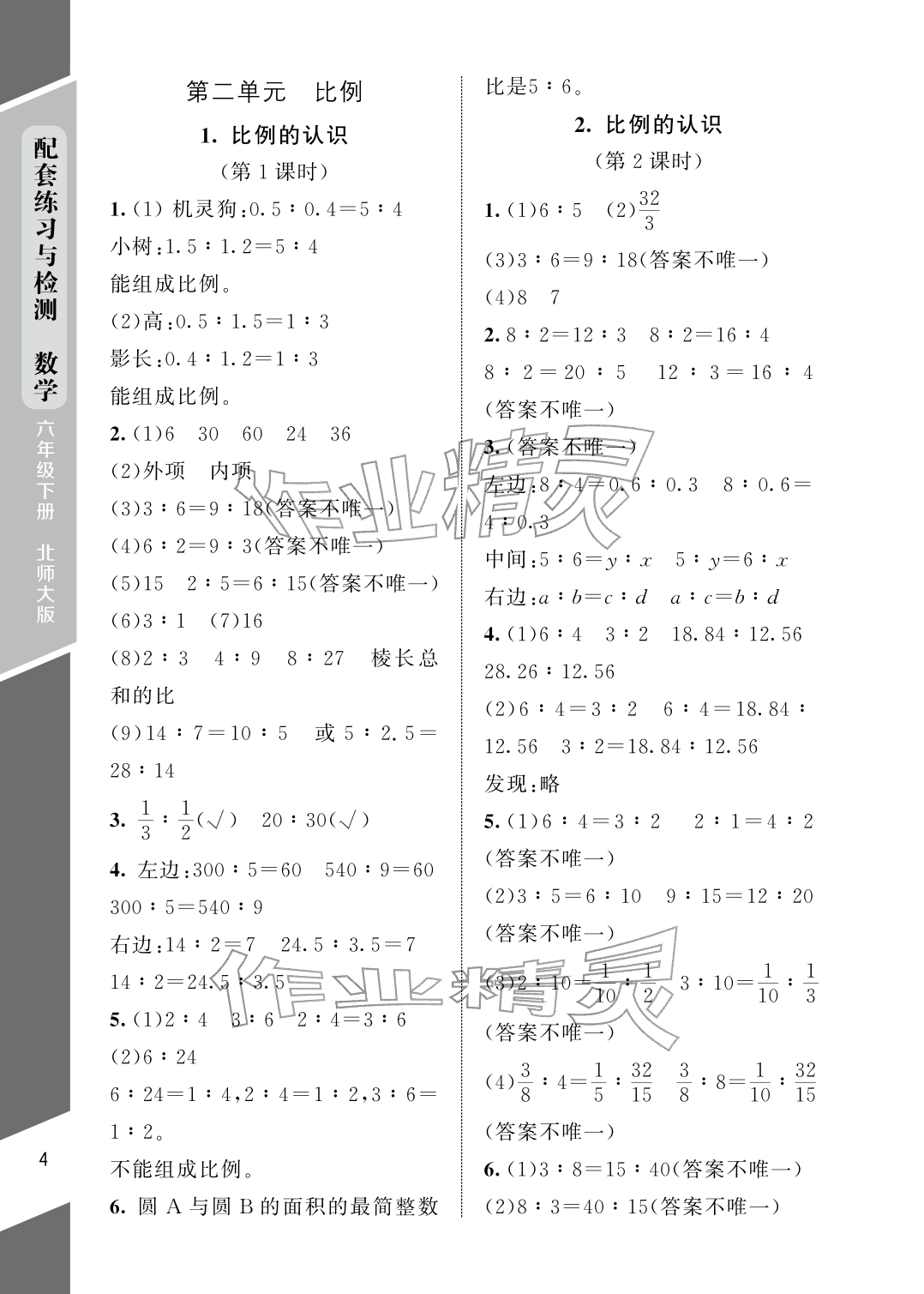 2026年配套练习与检测六年级数学下册北师大版&nbsp;参考答案第4页