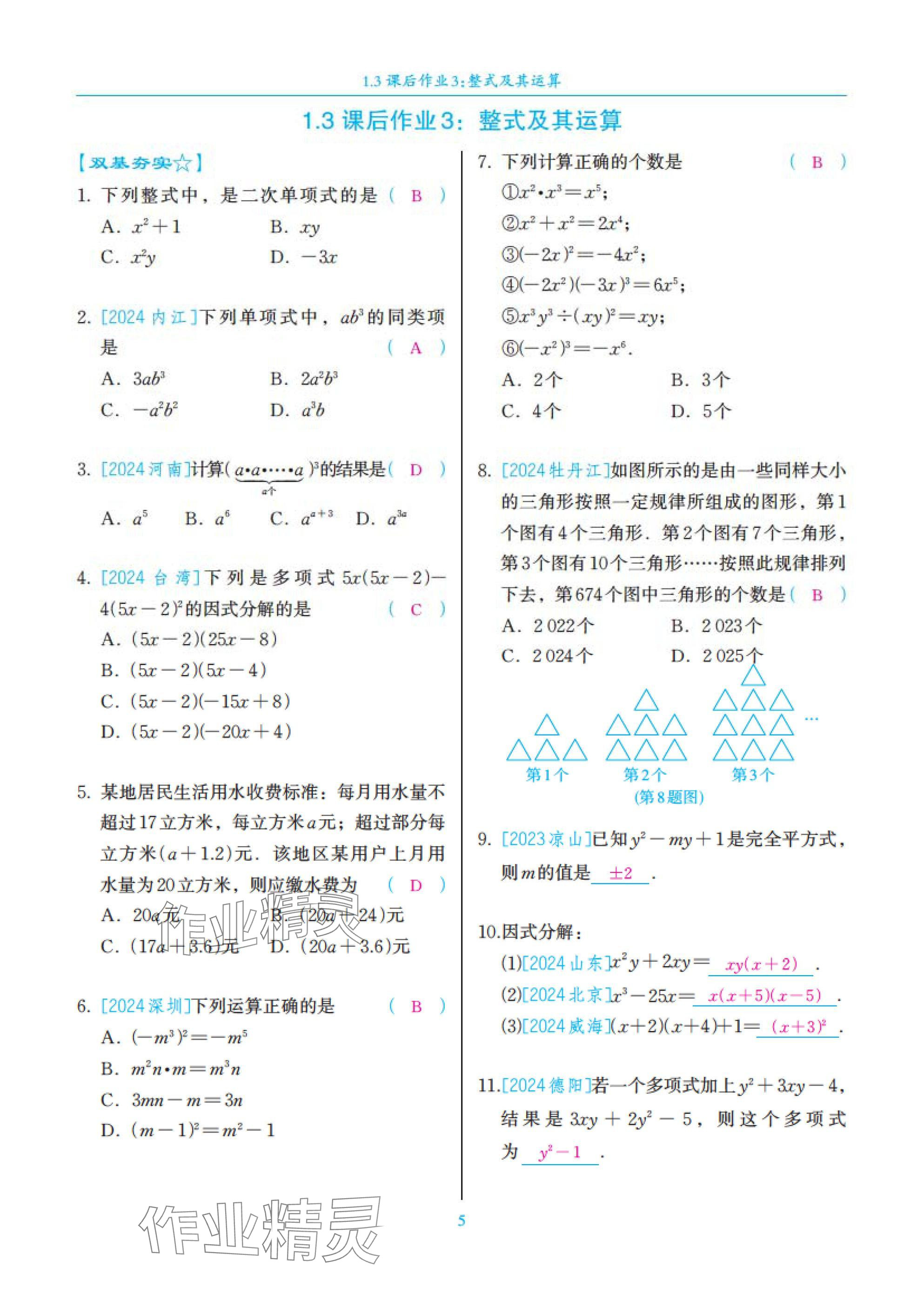 2025年中考复习一本全数学北师大版深圳专版&nbsp;参考答案第5页