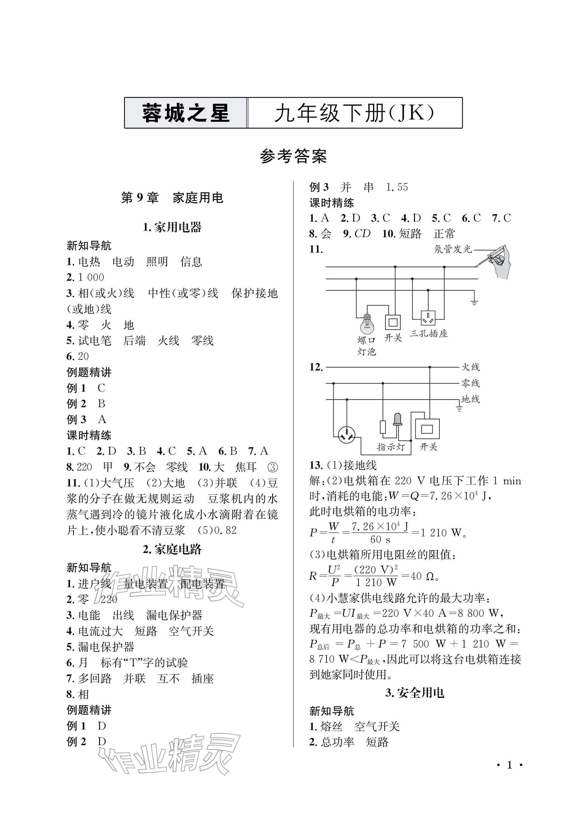 2026年蓉城之星九年级物理下册教科版&nbsp;参考答案第1页