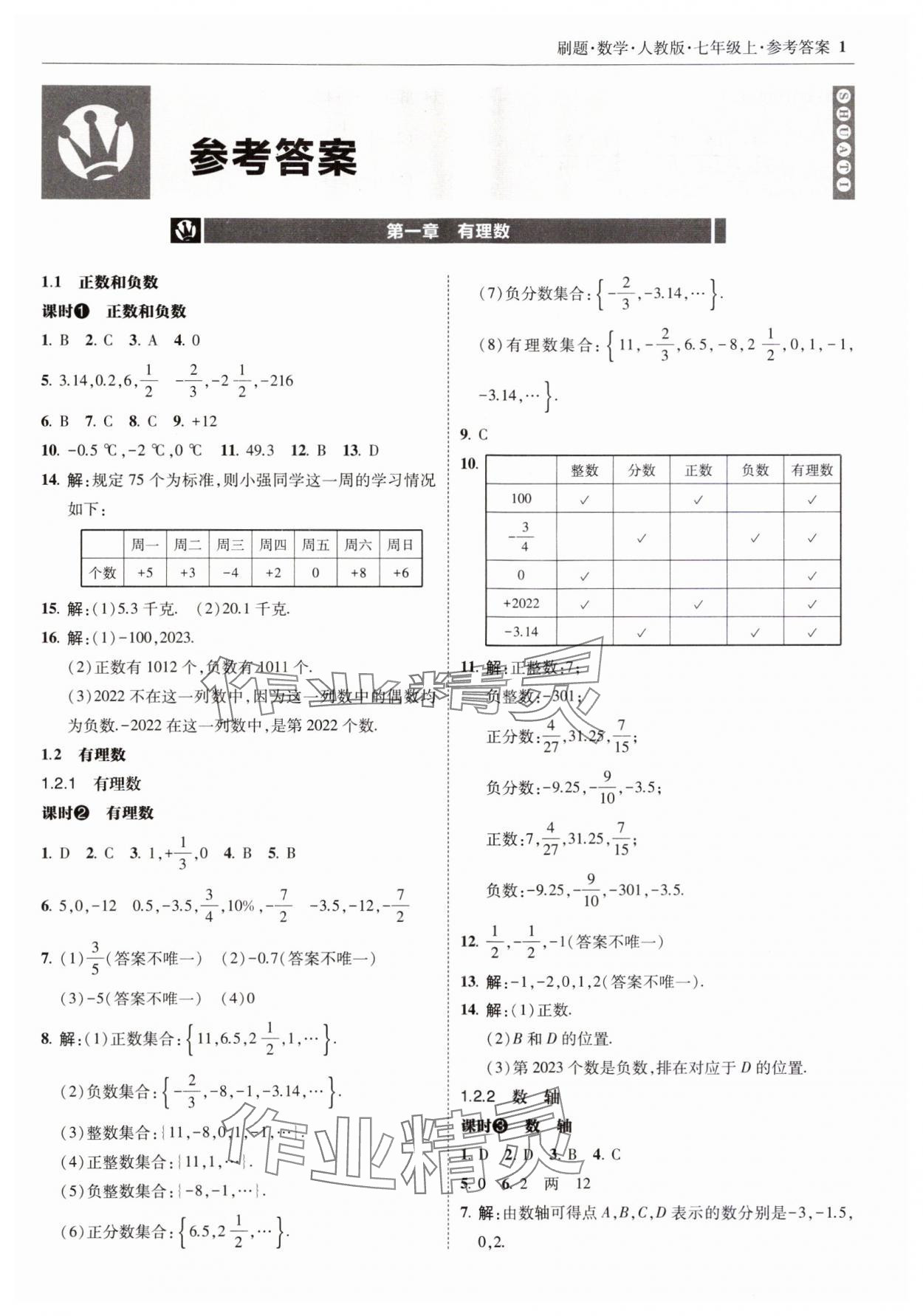 2023年北大绿卡刷题七年级数学上册人教版 参考答案第1页