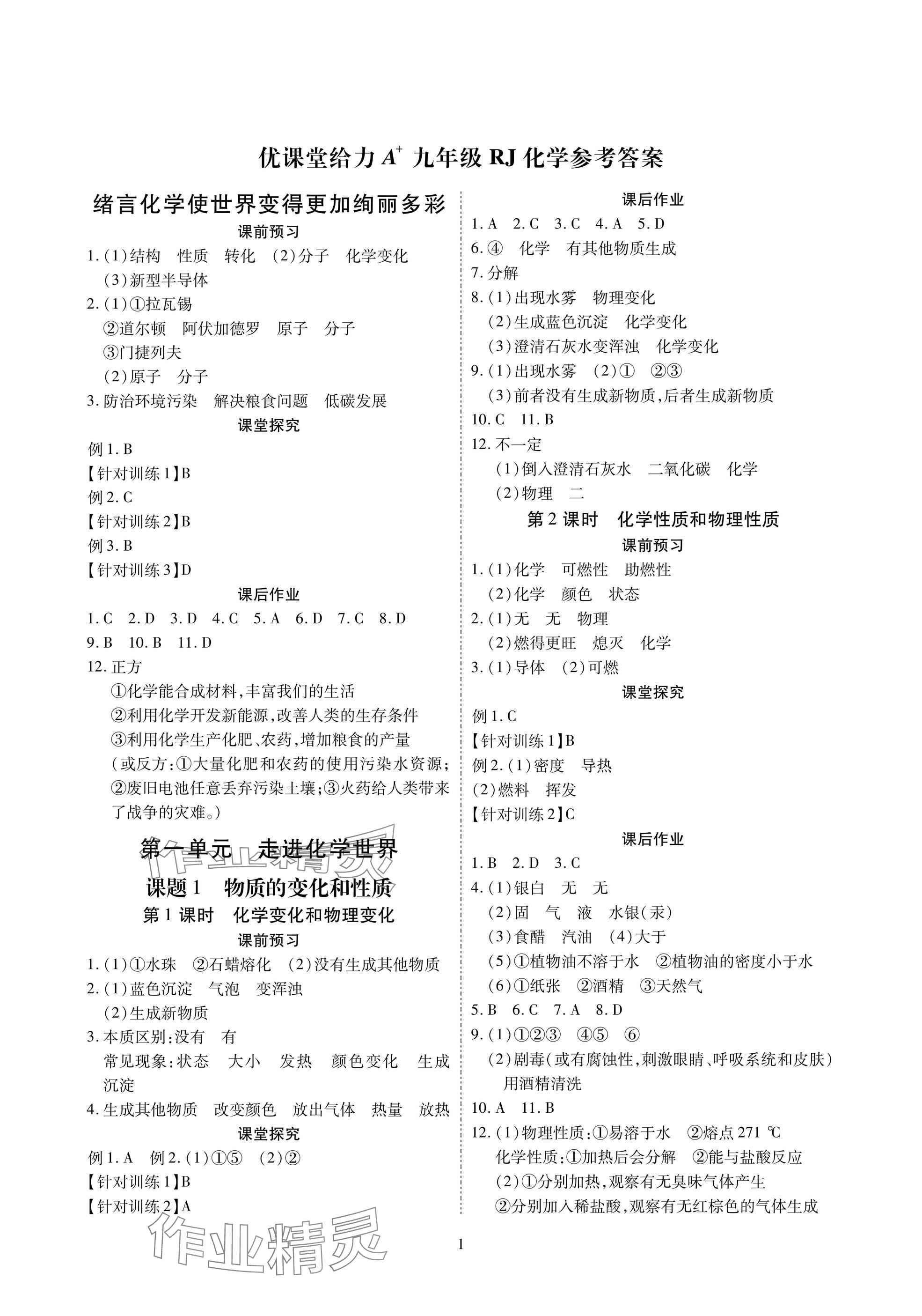 2024年優(yōu)課堂給力A加九年級化學全一冊人教版 參考答案第1頁