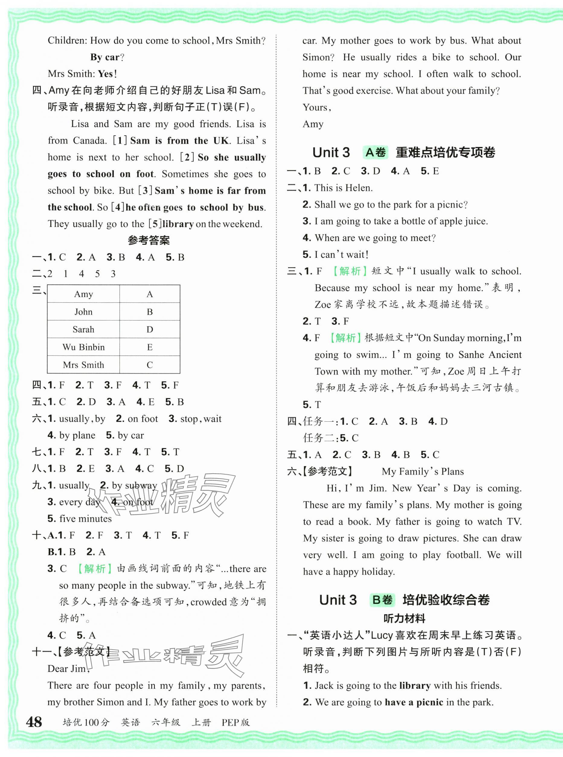 2024年王朝霞培优100分六年级英语上册人教版 参考答案第3页