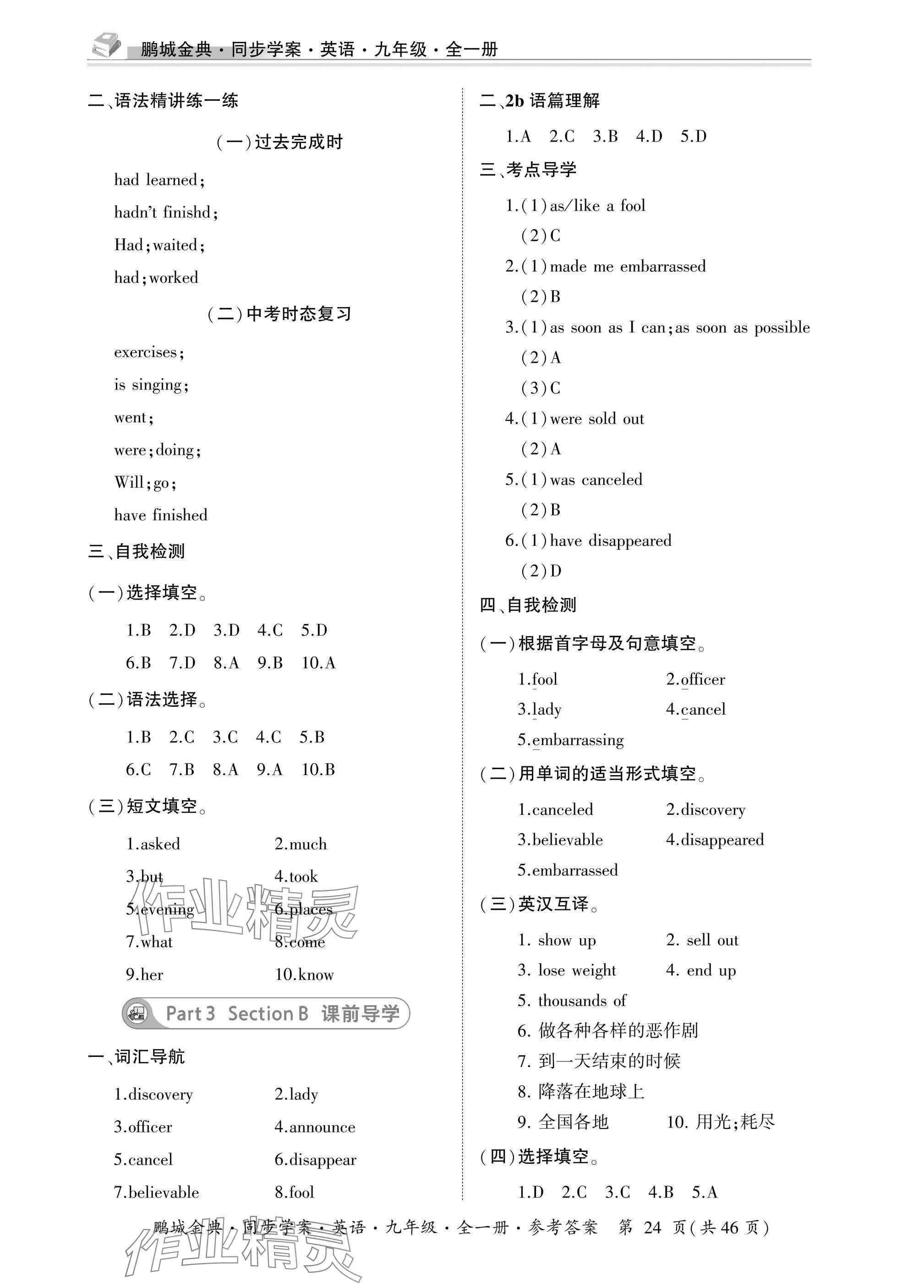 2025年名师帮同步学案九年级英语全一册人教版&nbsp;参考答案第24页