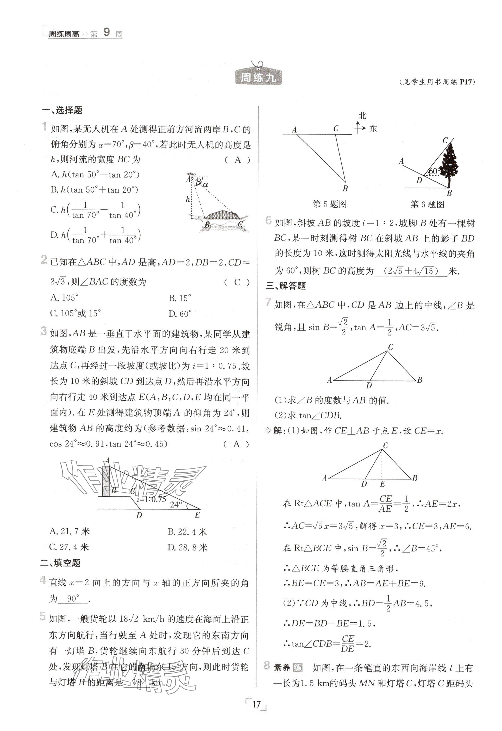 2024年日清周練九年級數(shù)學全一冊滬科版 參考答案第17頁