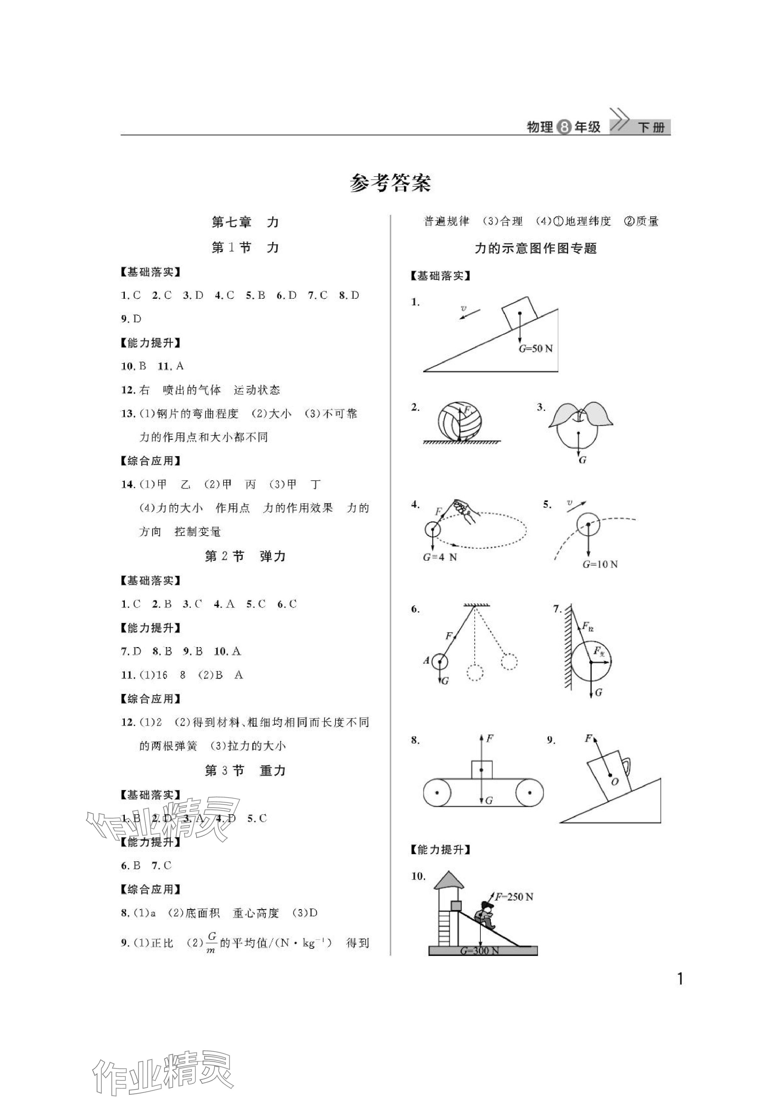 2024年课堂作业武汉出版社八年级物理下册人教版 参考答案第1页