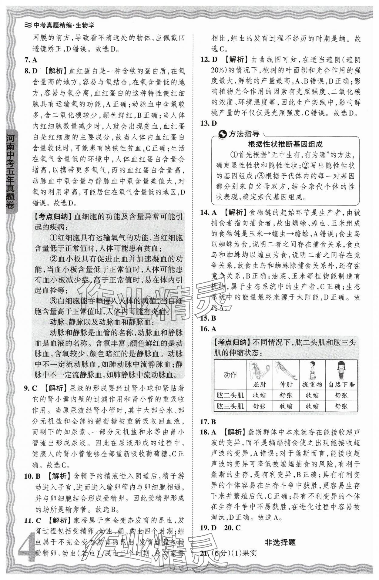 2024年王朝霞中考真题精编生物河南专版 参考答案第4页