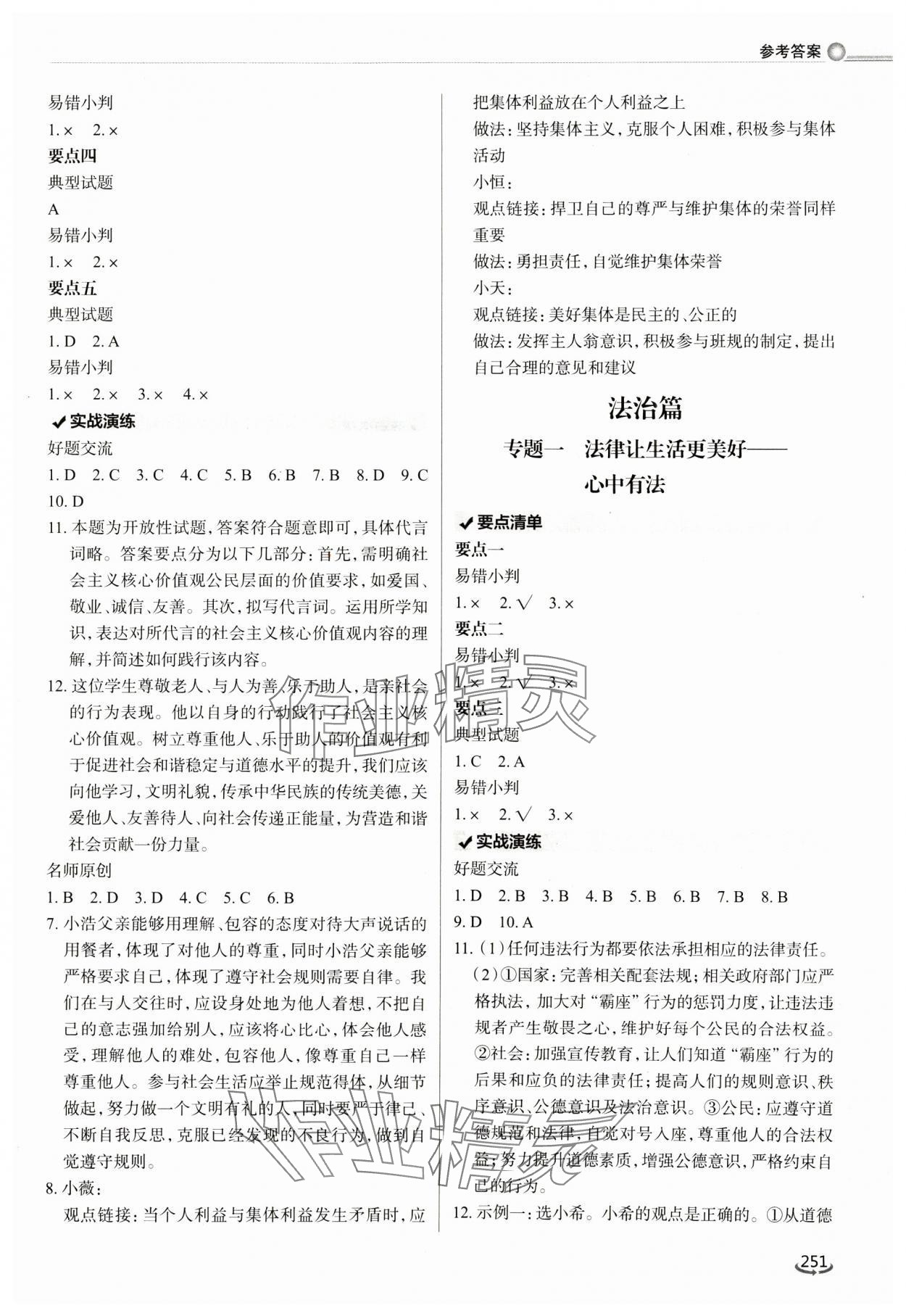 2025年初中總復習手冊泰山出版社道德與法治 參考答案第4頁