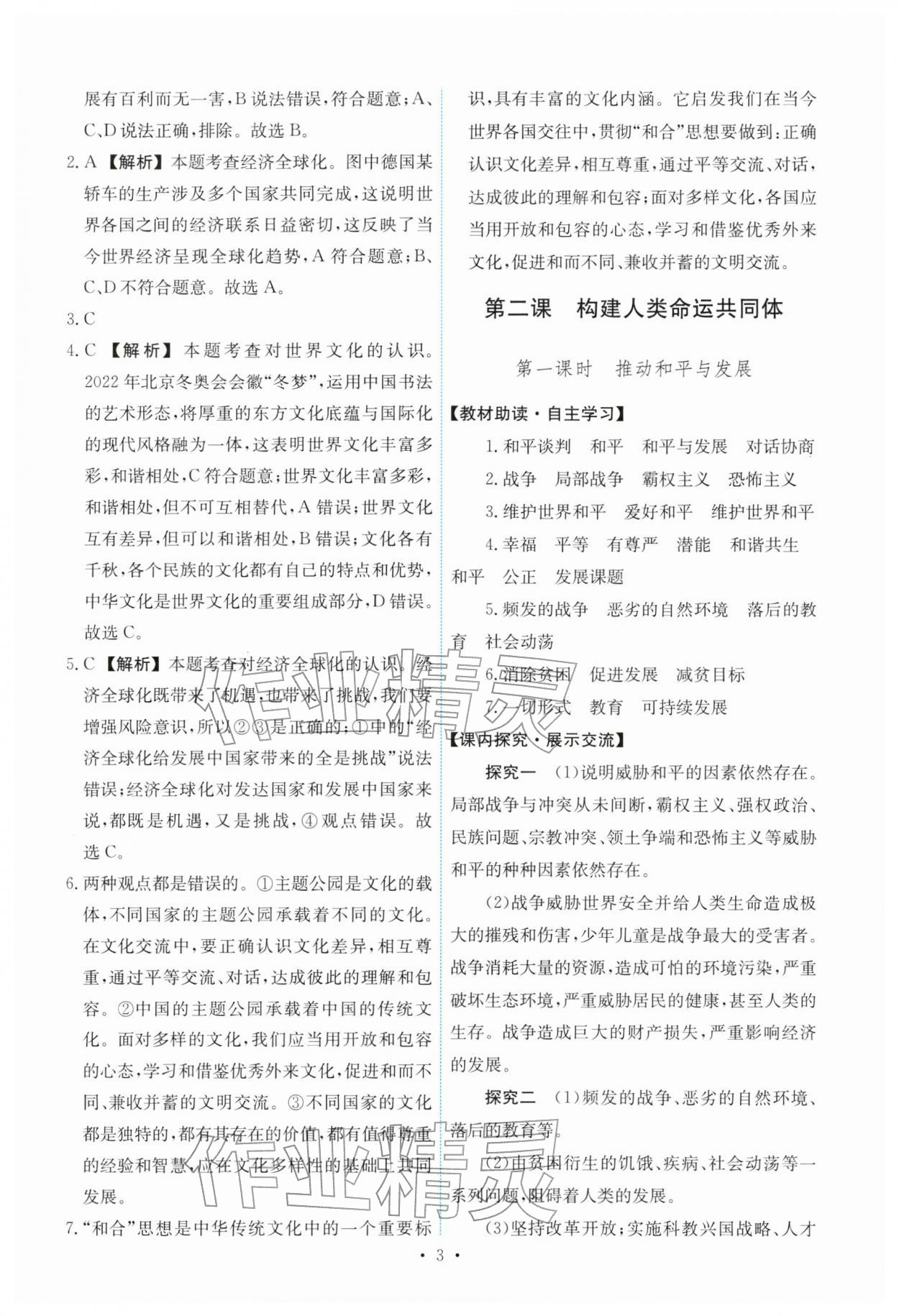 2026年能力培养与测试九年级道德与法治下册人教版&nbsp;参考答案第3页