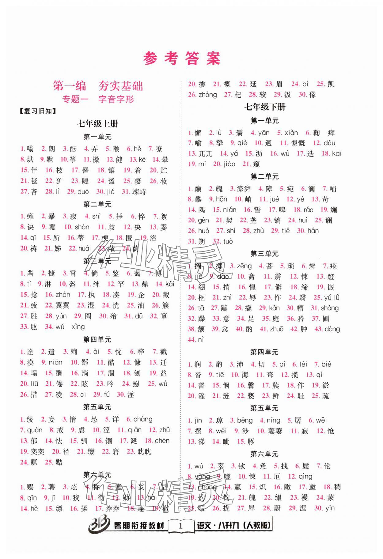 2024年暑期銜接教材八升九語文人教版 第1頁