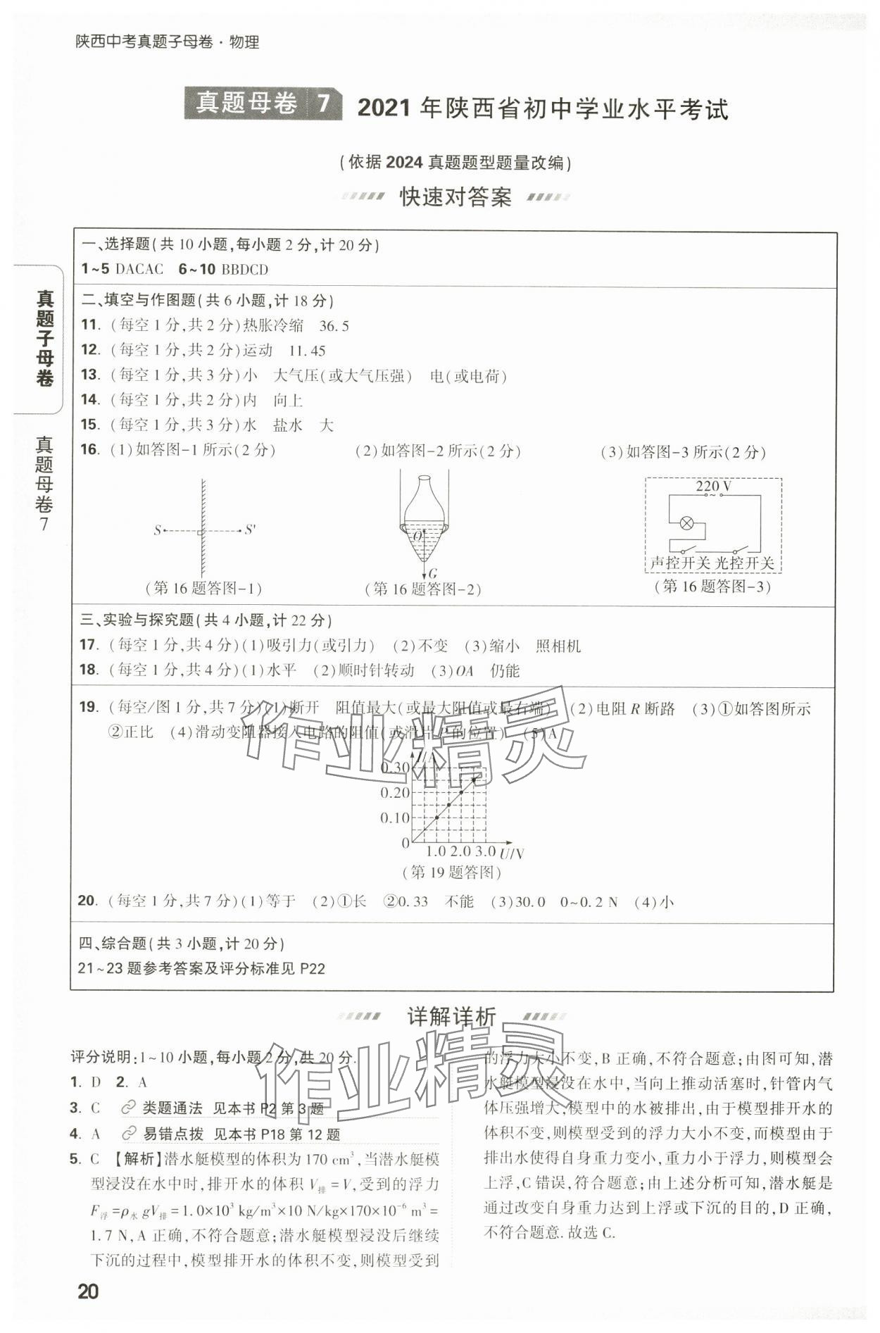 2025年万唯中考真题子母卷物理陕西专版&nbsp;参考答案第20页