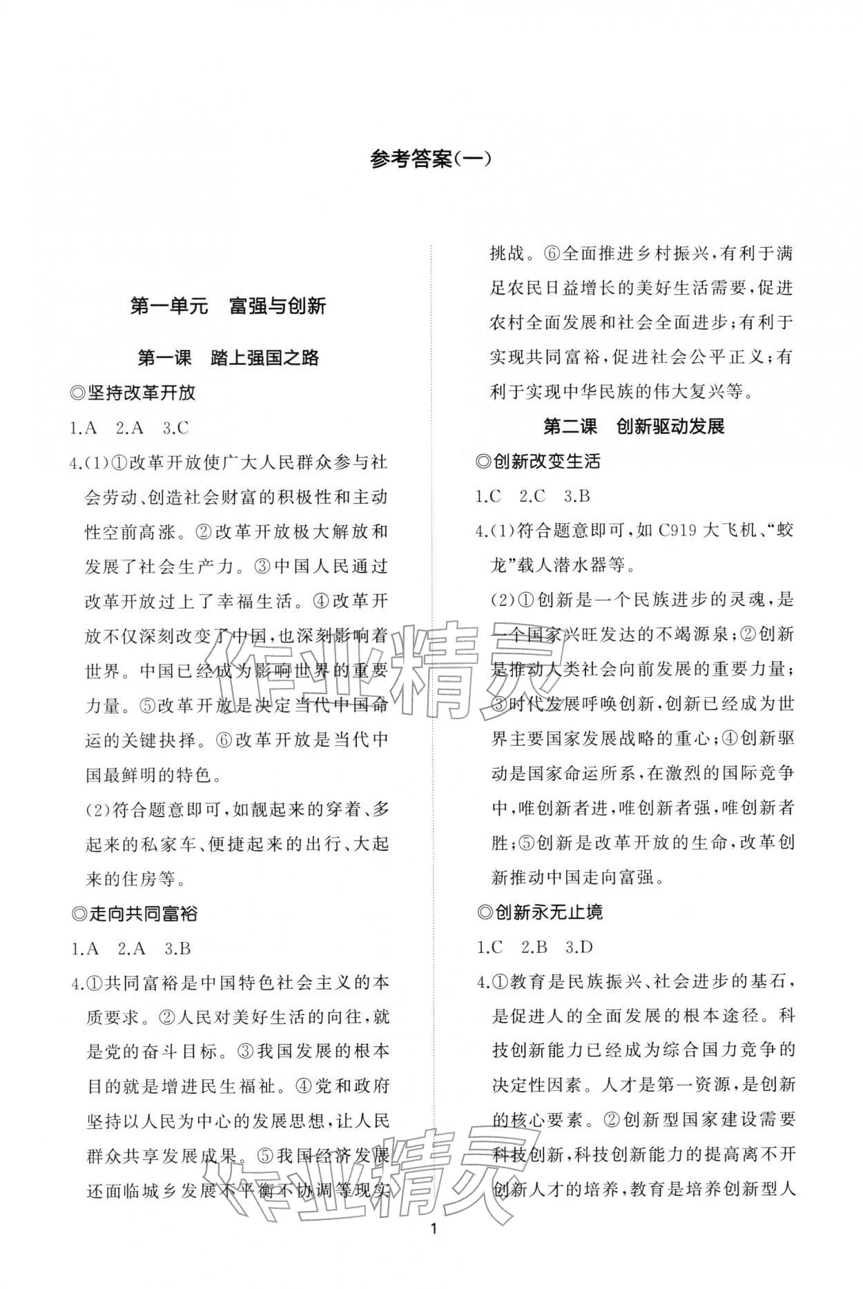 2025年同步练习册智慧作业九年级道德与法治上册人教版 参考答案第1页