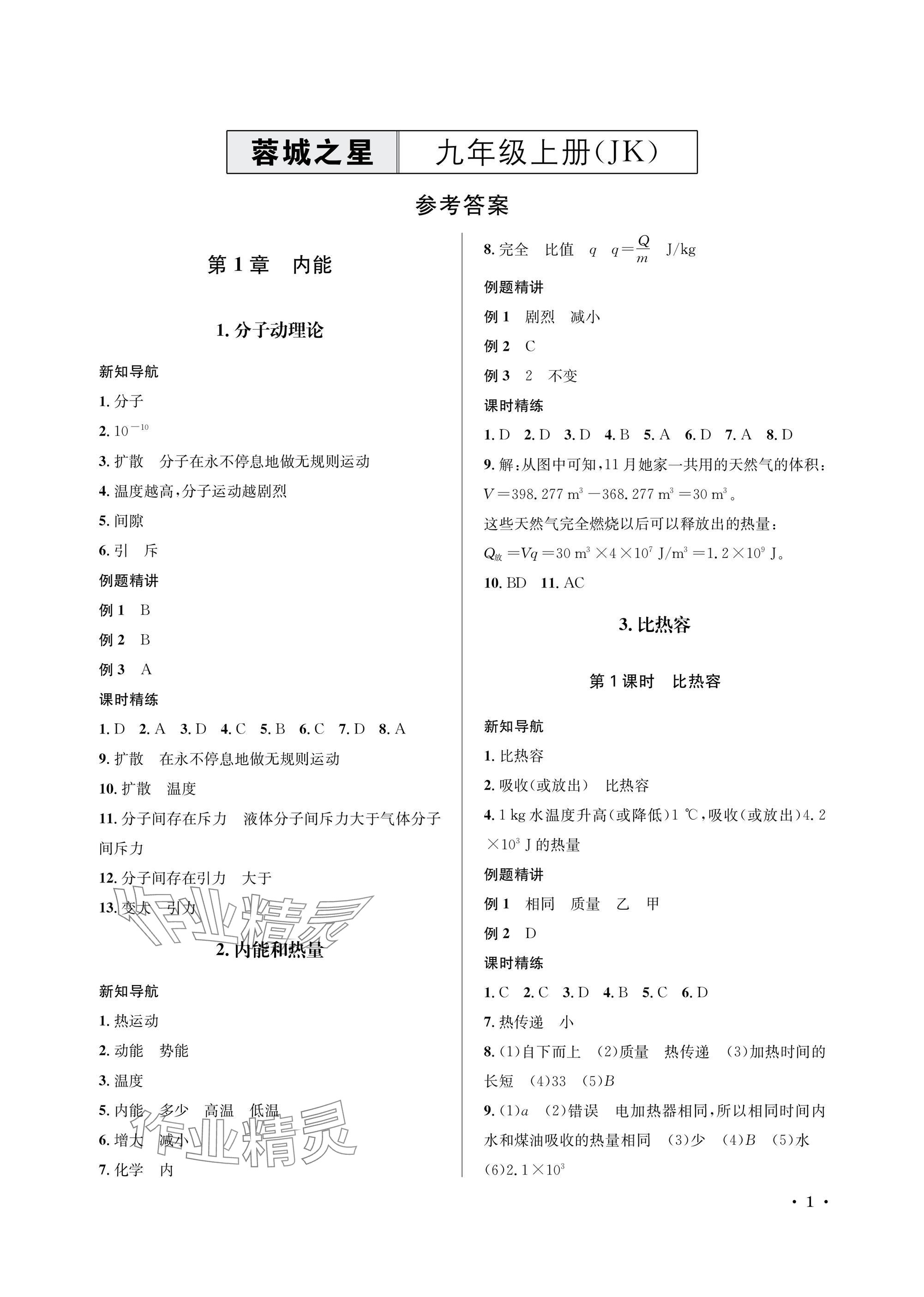 2025年蓉城之星九年级物理上册教科版 参考答案第1页